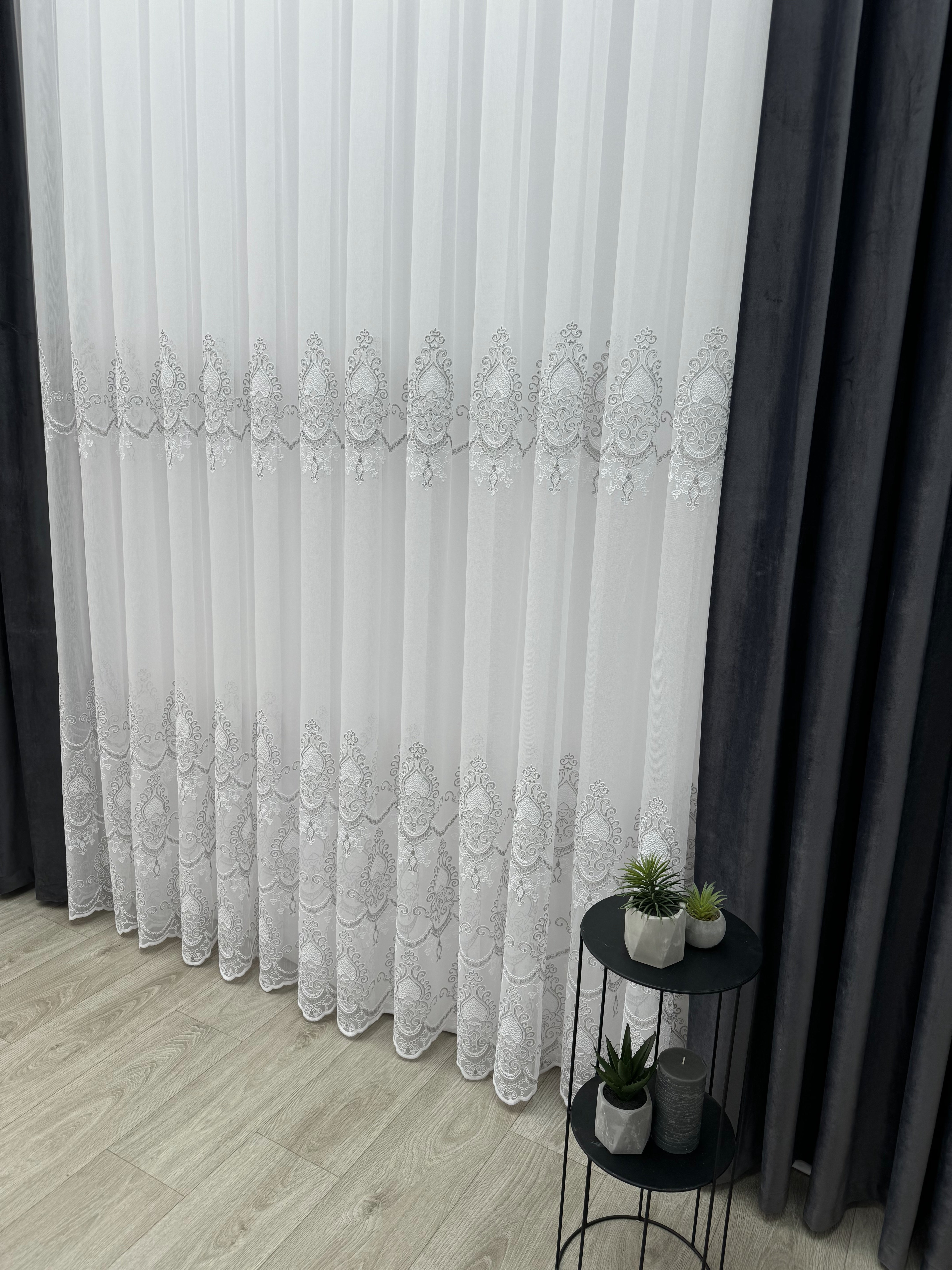 Bamboo-based sheer curtain with chenille embroidery, gray color