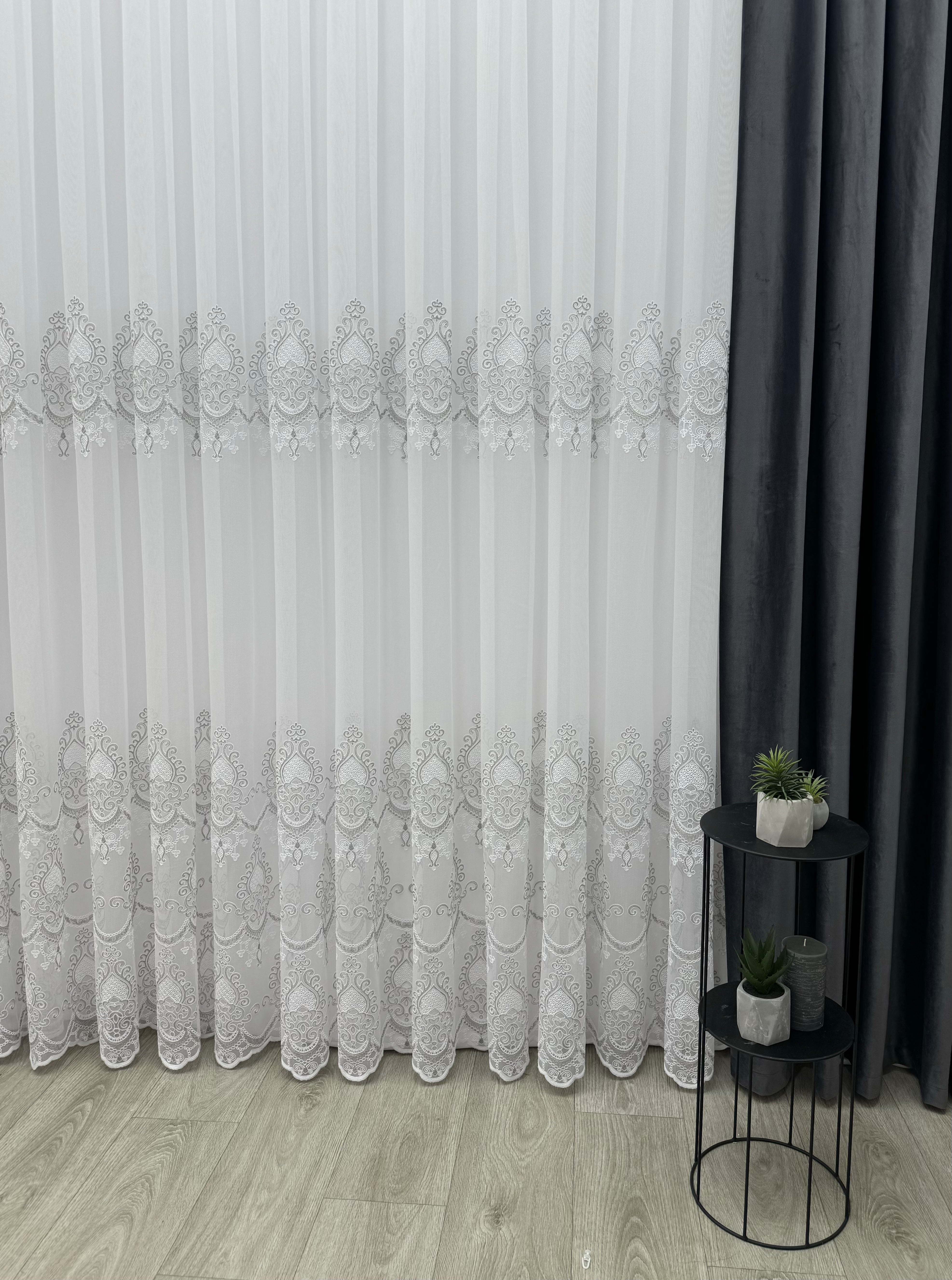 Bamboo-based sheer curtain with chenille embroidery, gray color