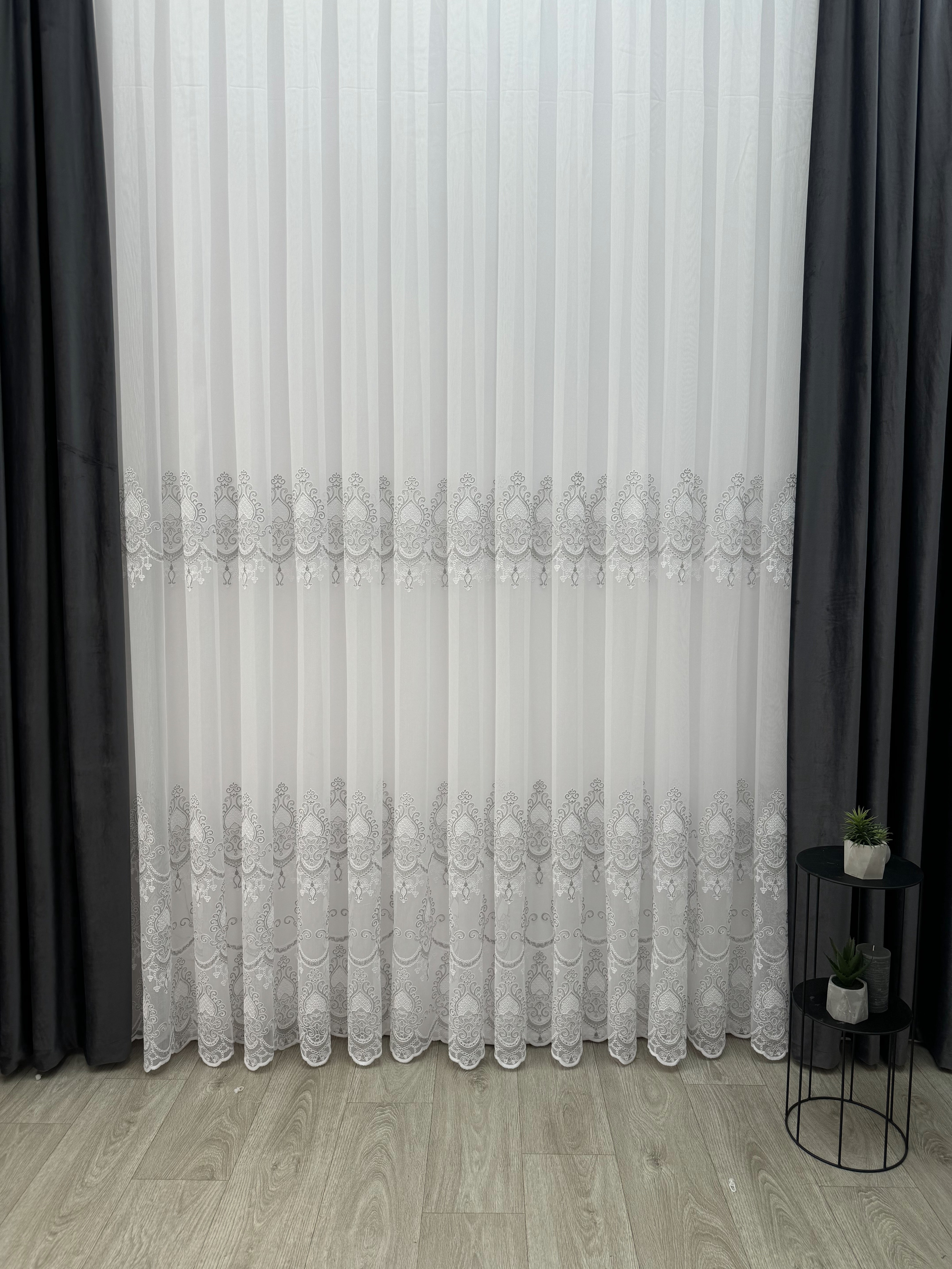 Bamboo-based sheer curtain with chenille embroidery, gray color