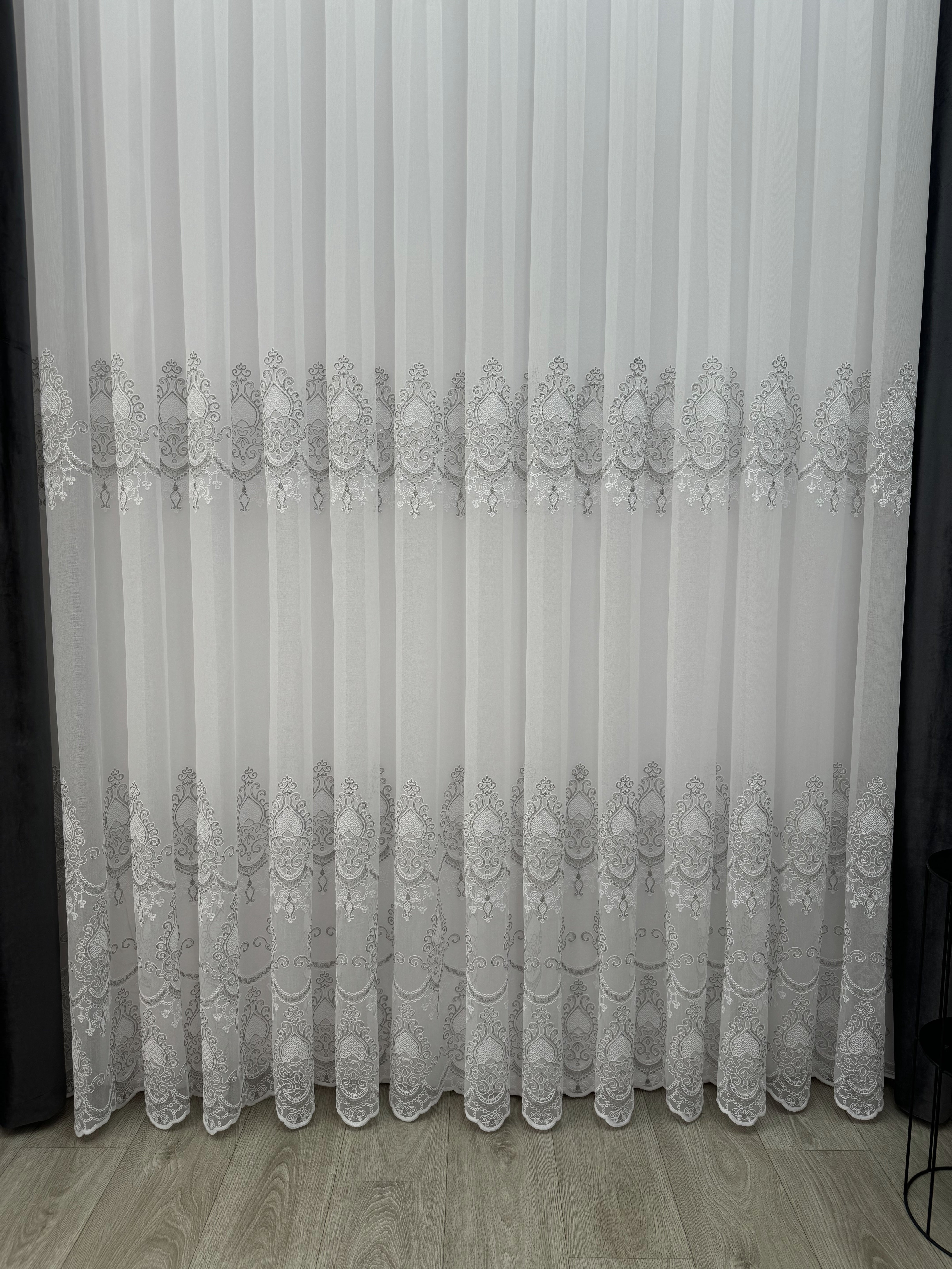 Bamboo-based sheer curtain with chenille embroidery, gray color