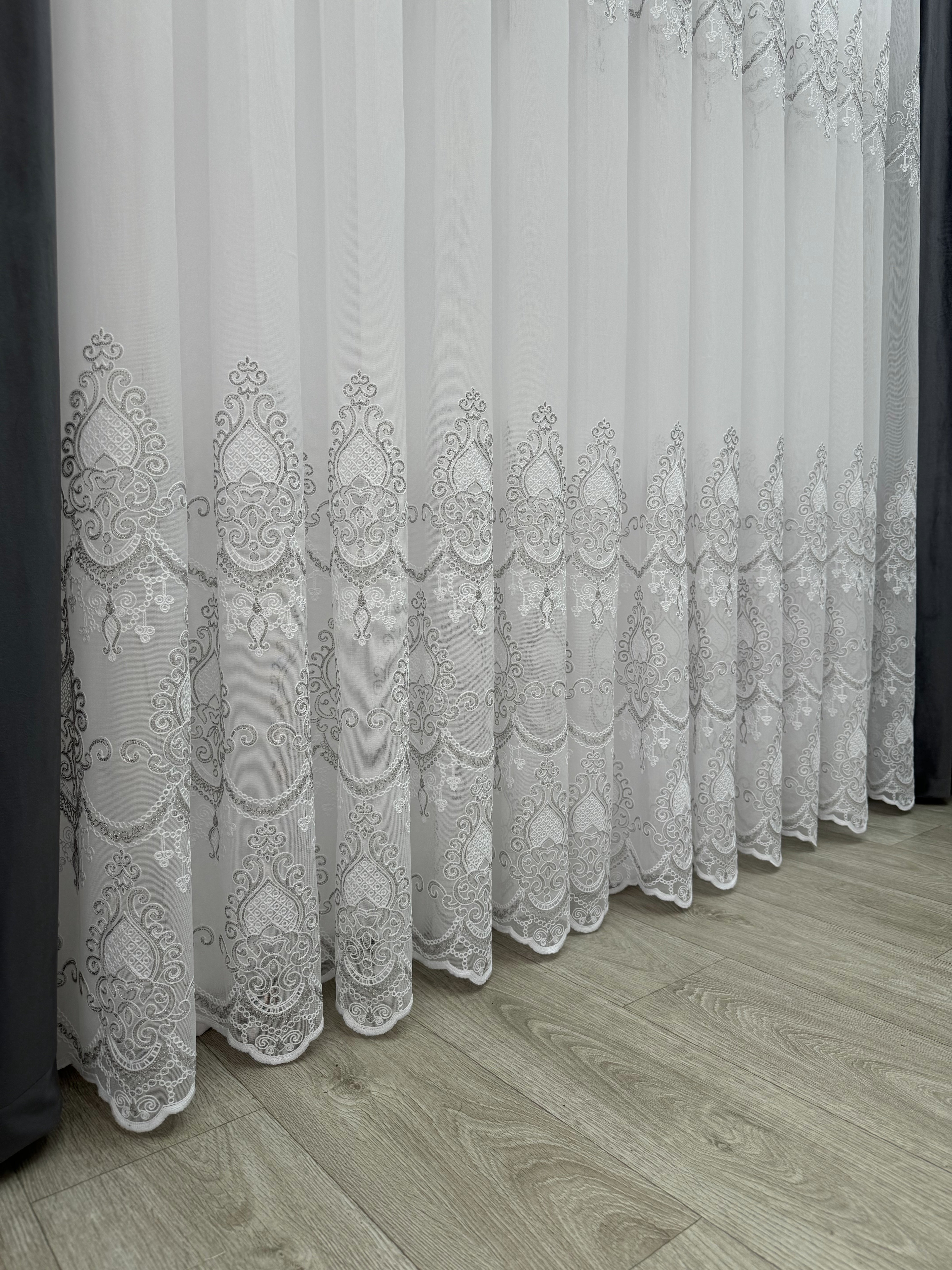 Bamboo-based sheer curtain with chenille embroidery, gray color