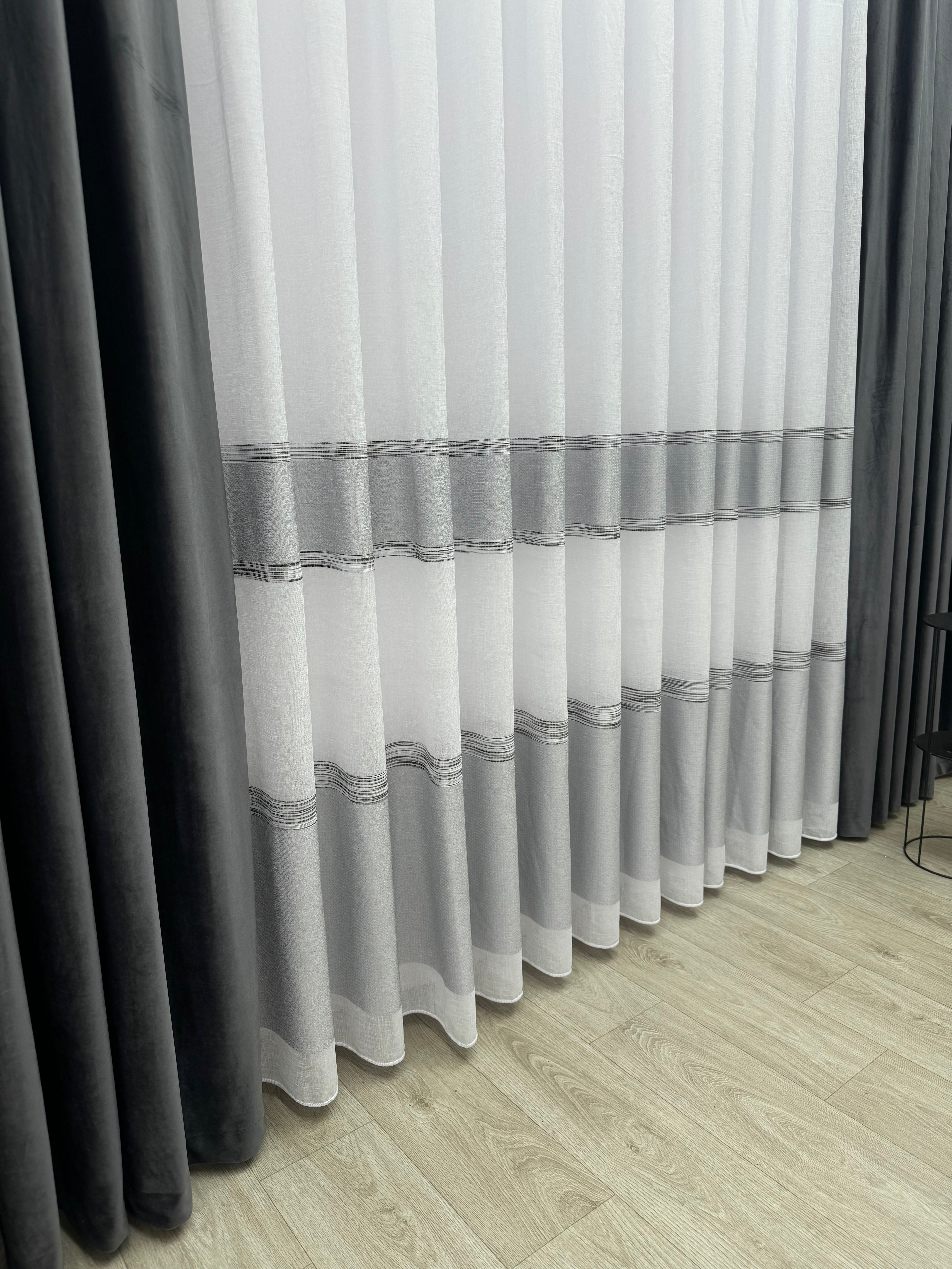Linen sheer curtain with stripes, gray color