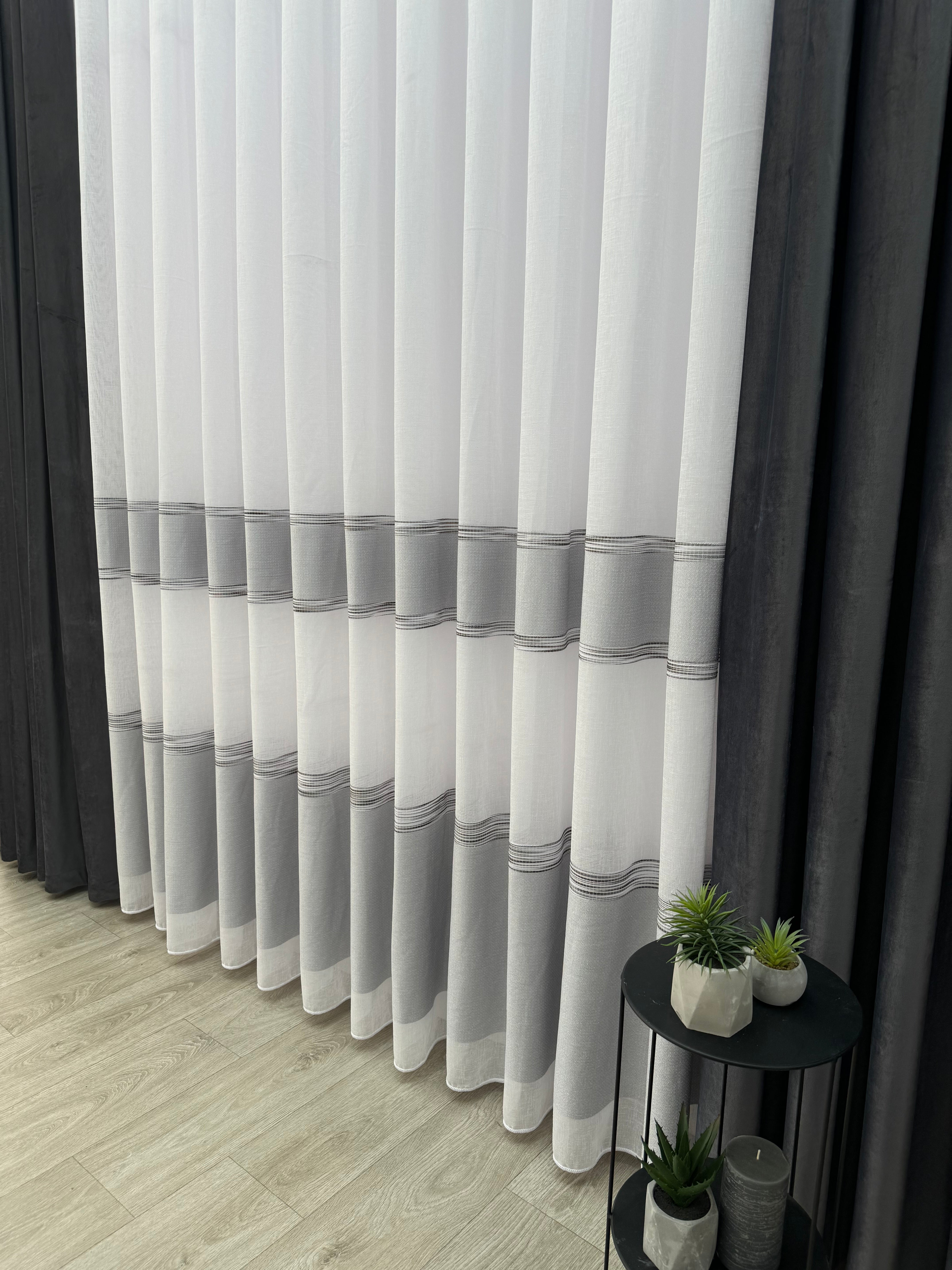 Linen sheer curtain with stripes, gray color