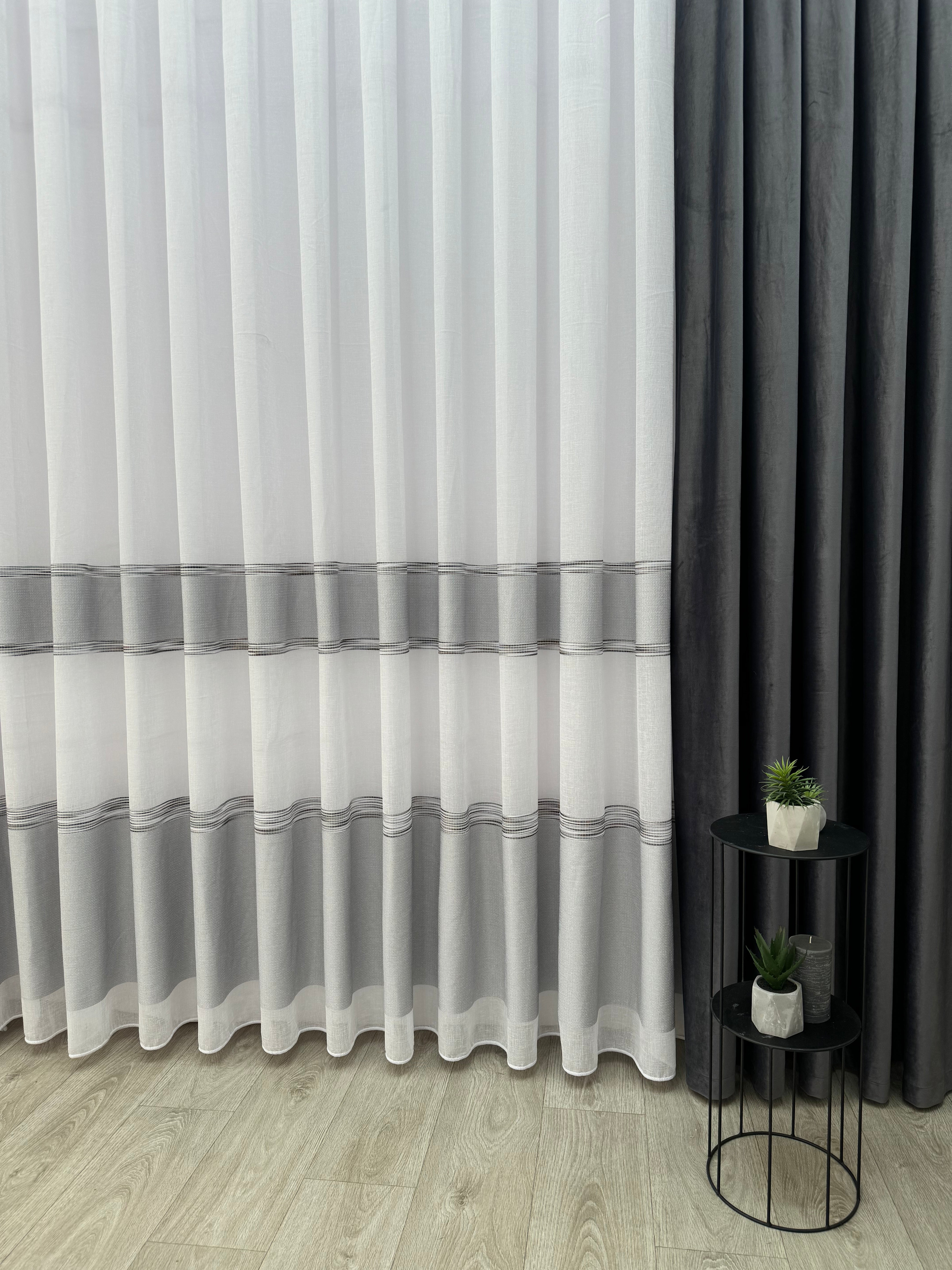 Linen sheer curtain with stripes, gray color
