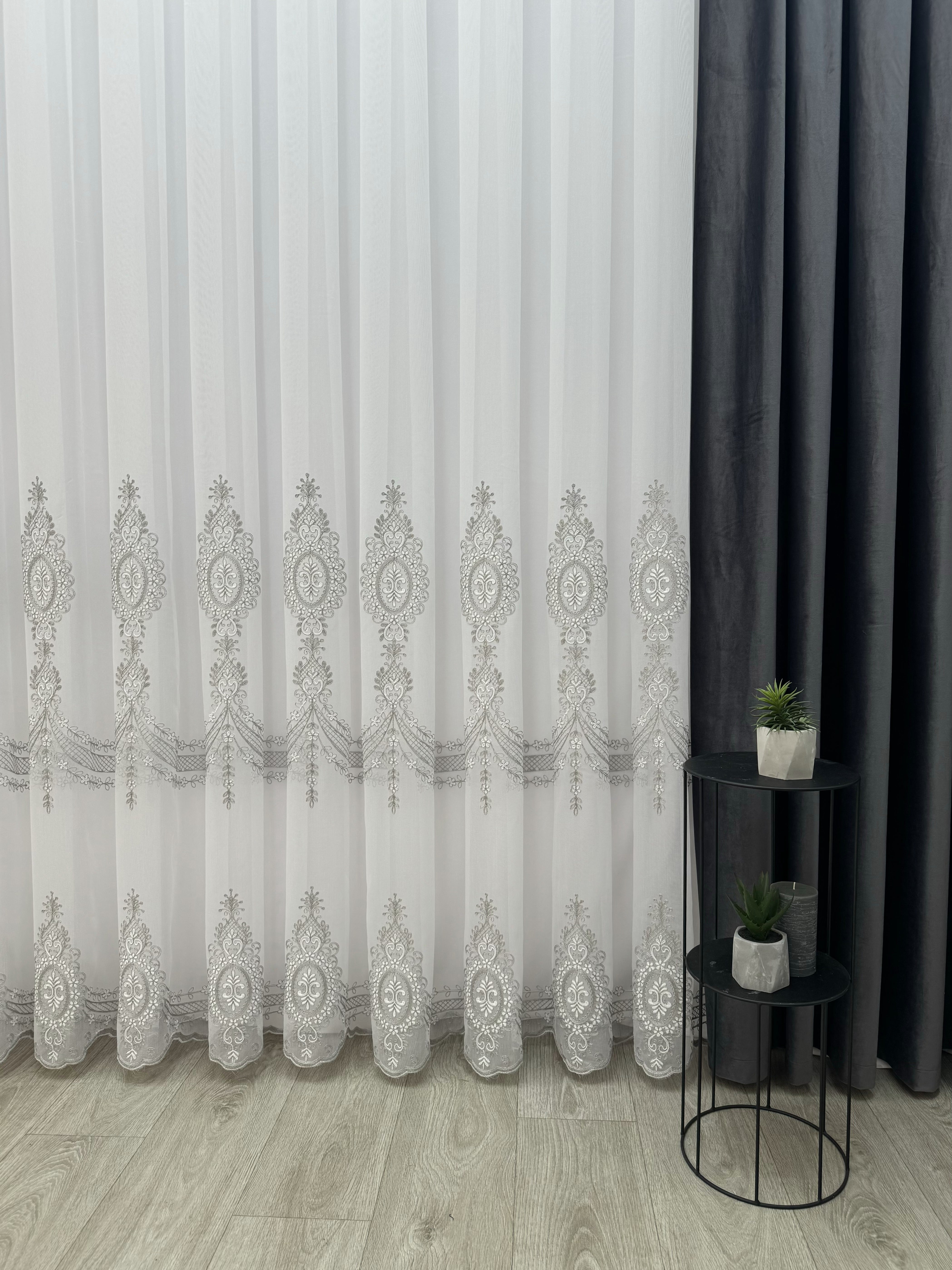 Sheer curtain with beautiful embroidery, gray color