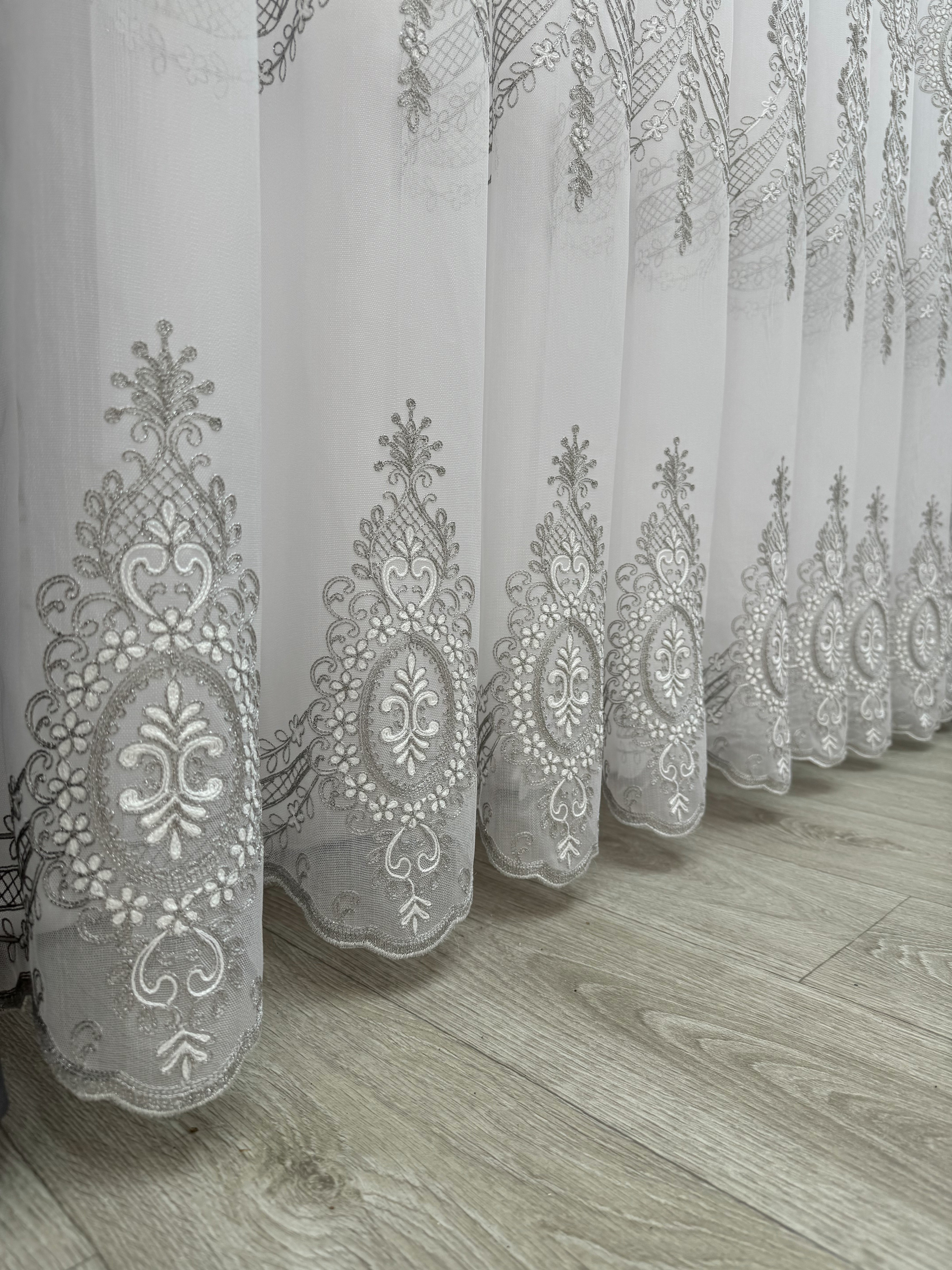 Sheer curtain with beautiful embroidery, gray color