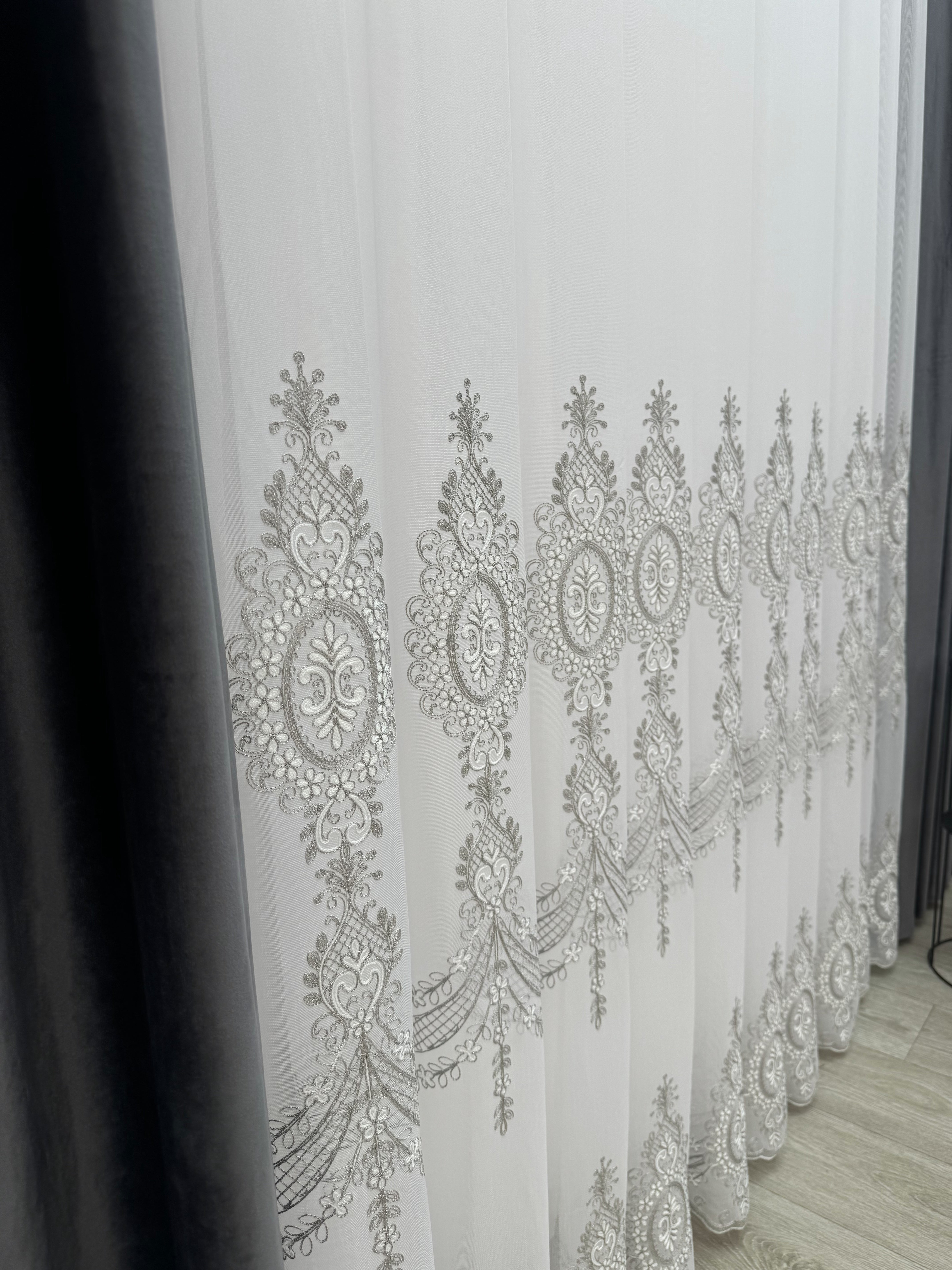 Sheer curtain with beautiful embroidery, gray color