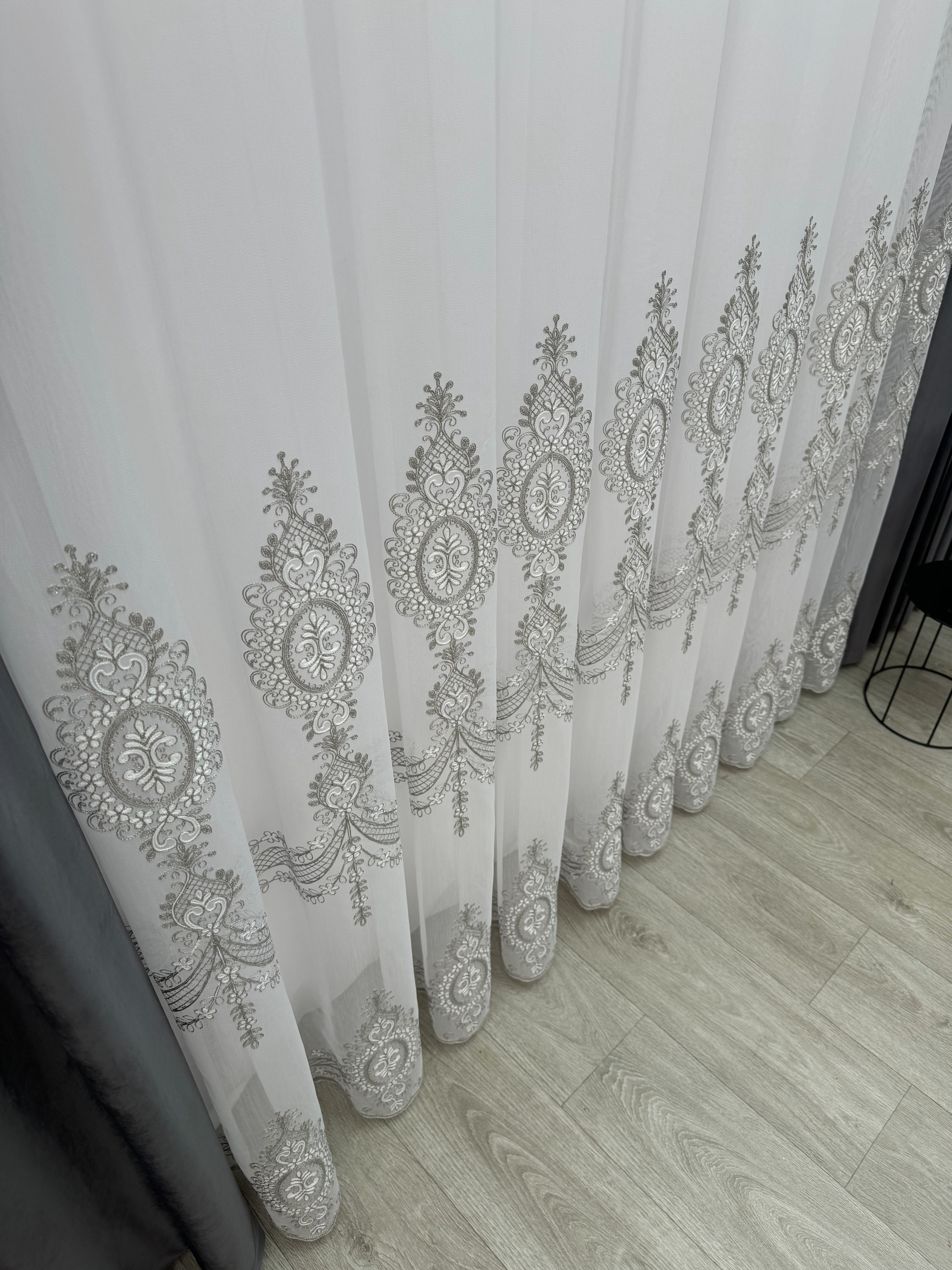 Sheer curtain with beautiful embroidery, gray color