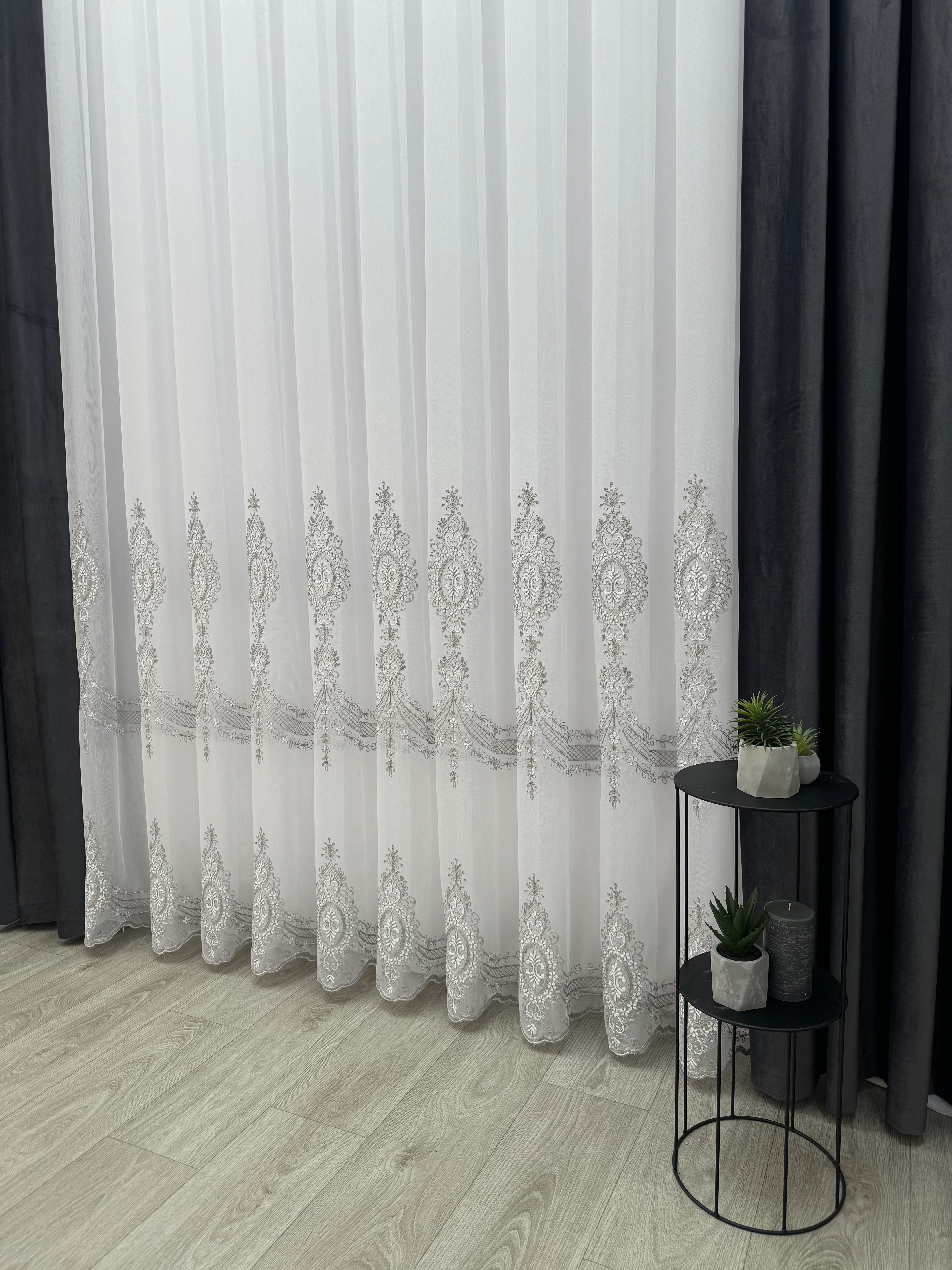 Sheer curtain with beautiful embroidery, gray color