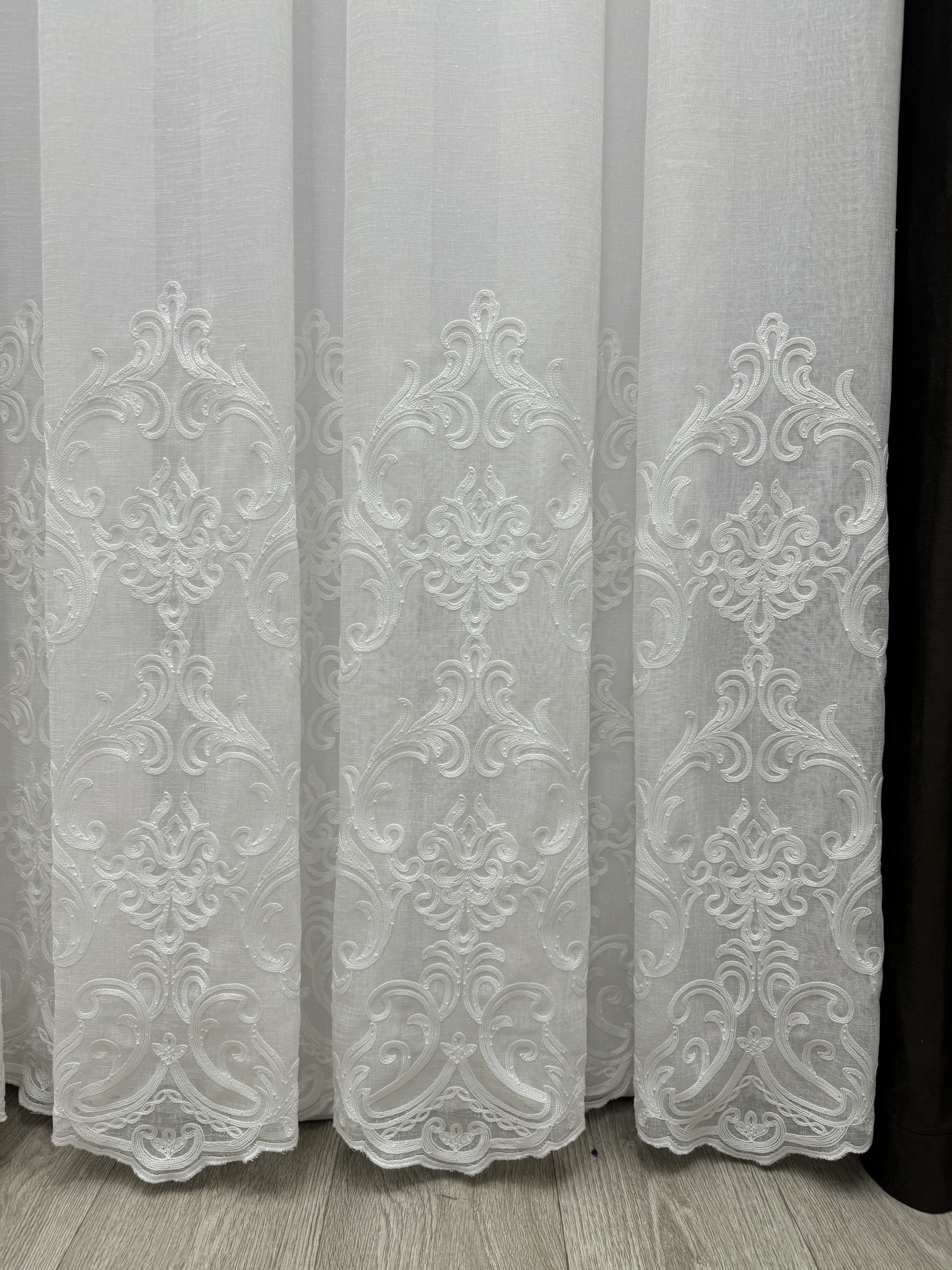 Linen sheer curtain with beautiful embroidery, milk color