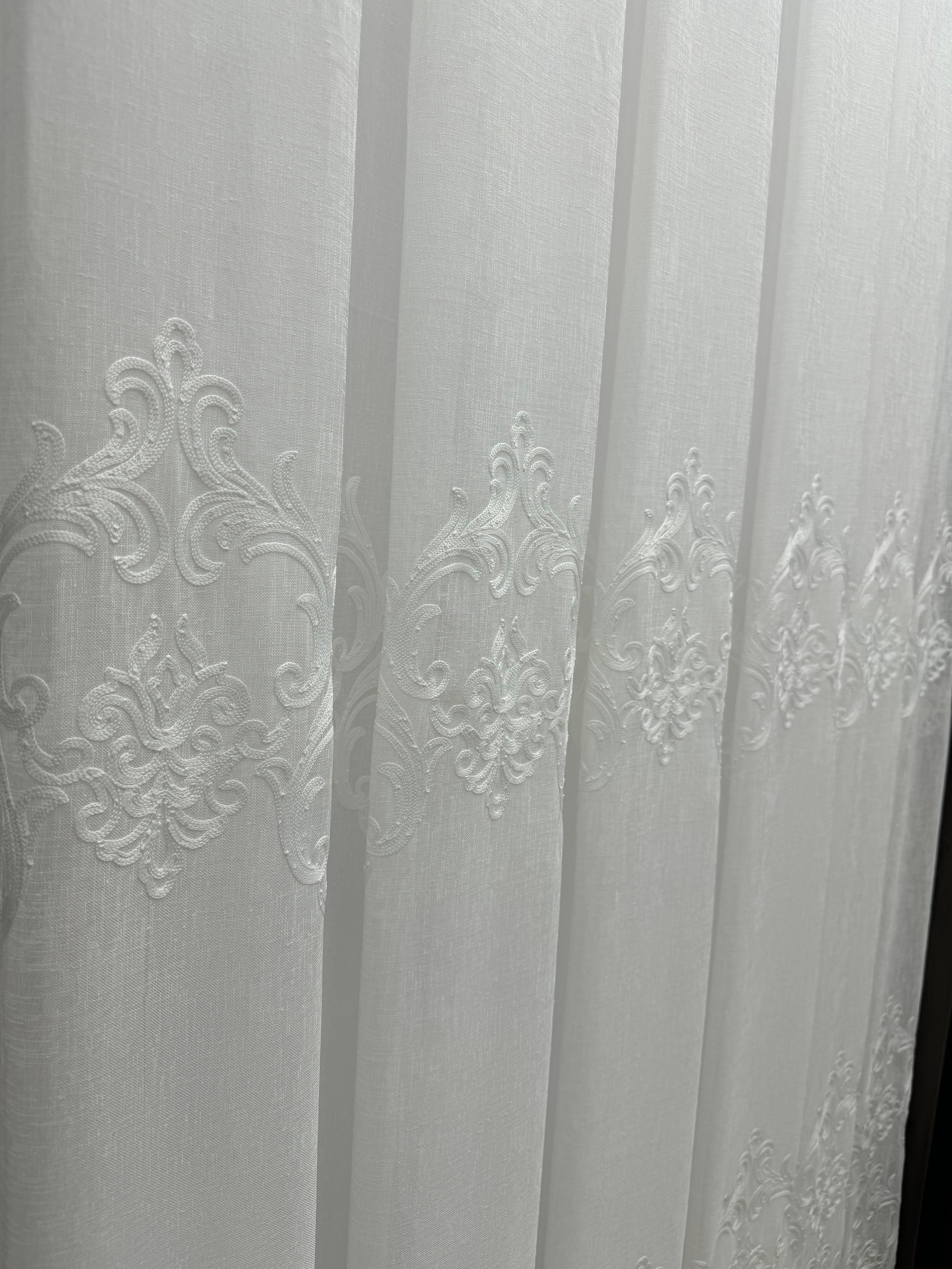 Linen sheer curtain with beautiful embroidery, milk color