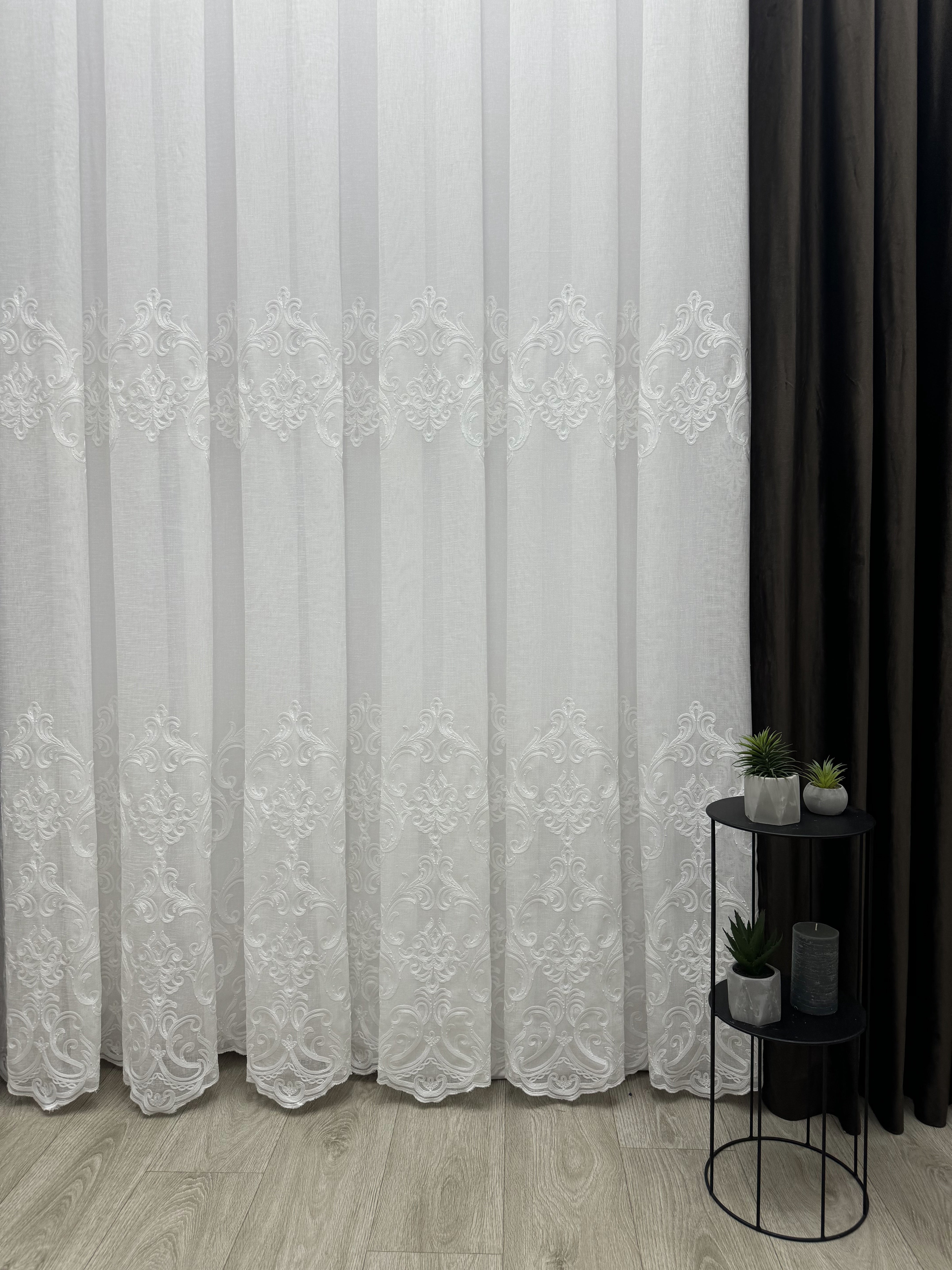 Linen sheer curtain with beautiful embroidery, milk color