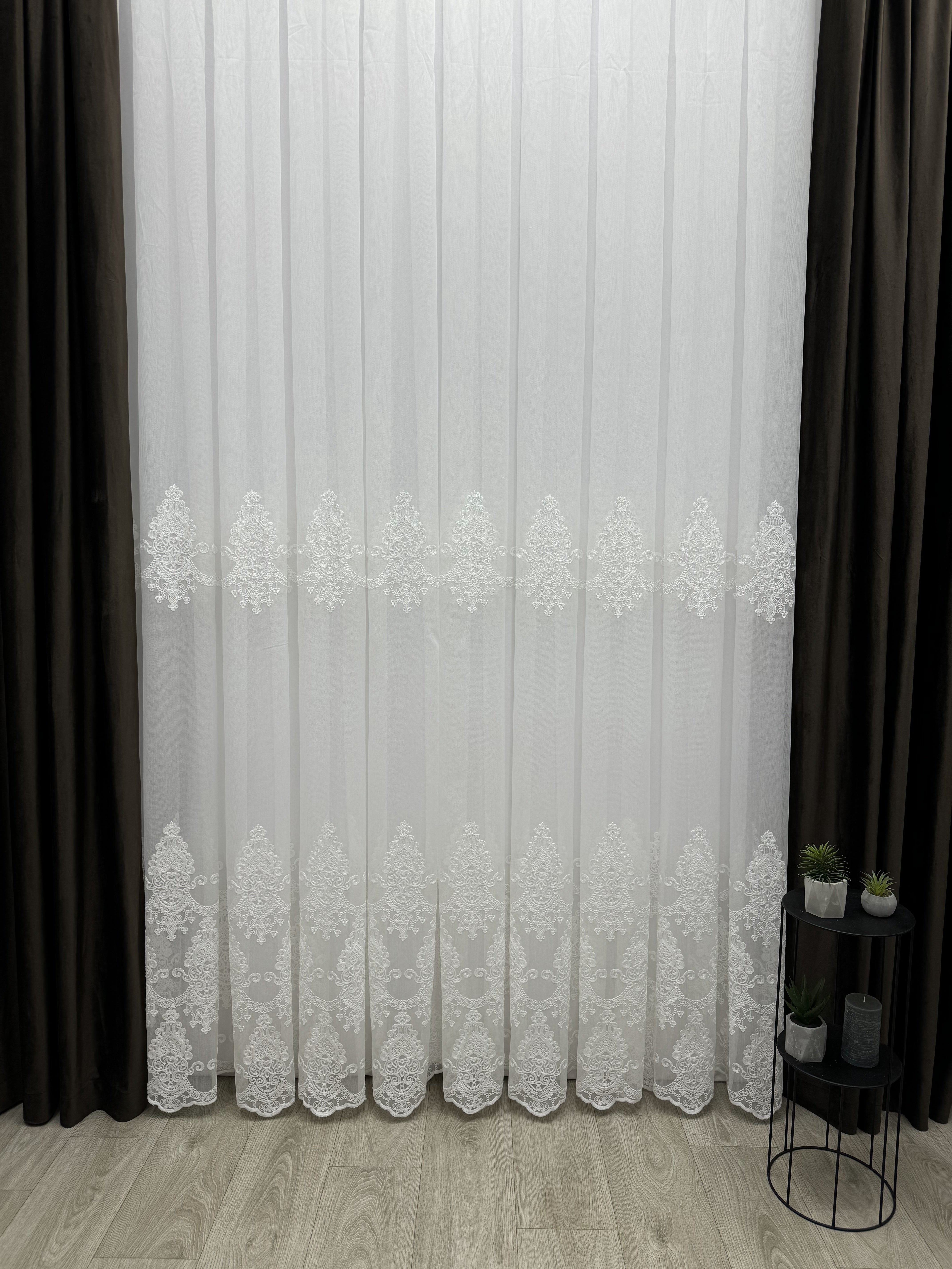 Bamboo-based sheer curtain with chenille embroidery, milk color