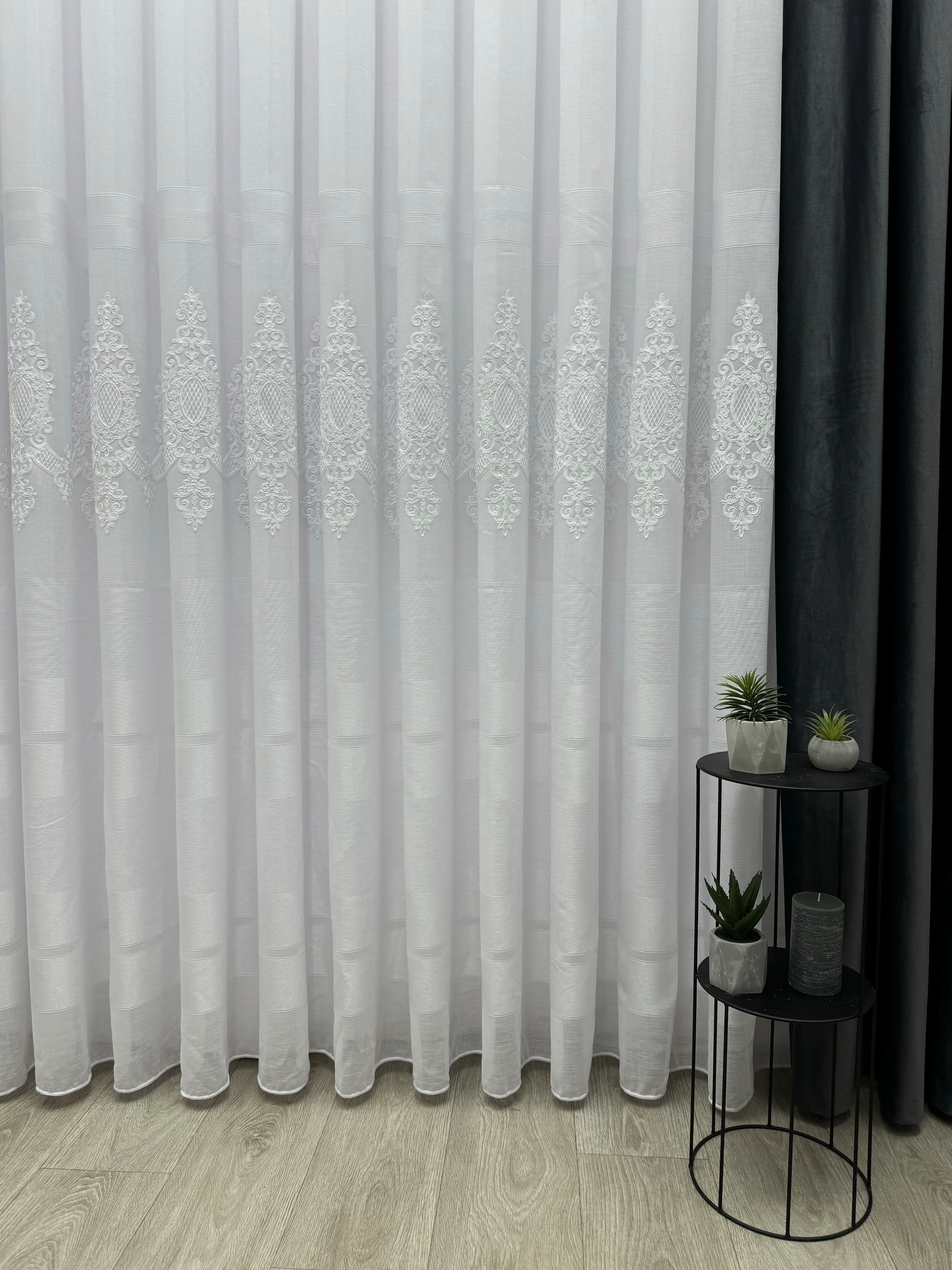 Linen sheer curtain with beautiful embroidery and stripes, white color