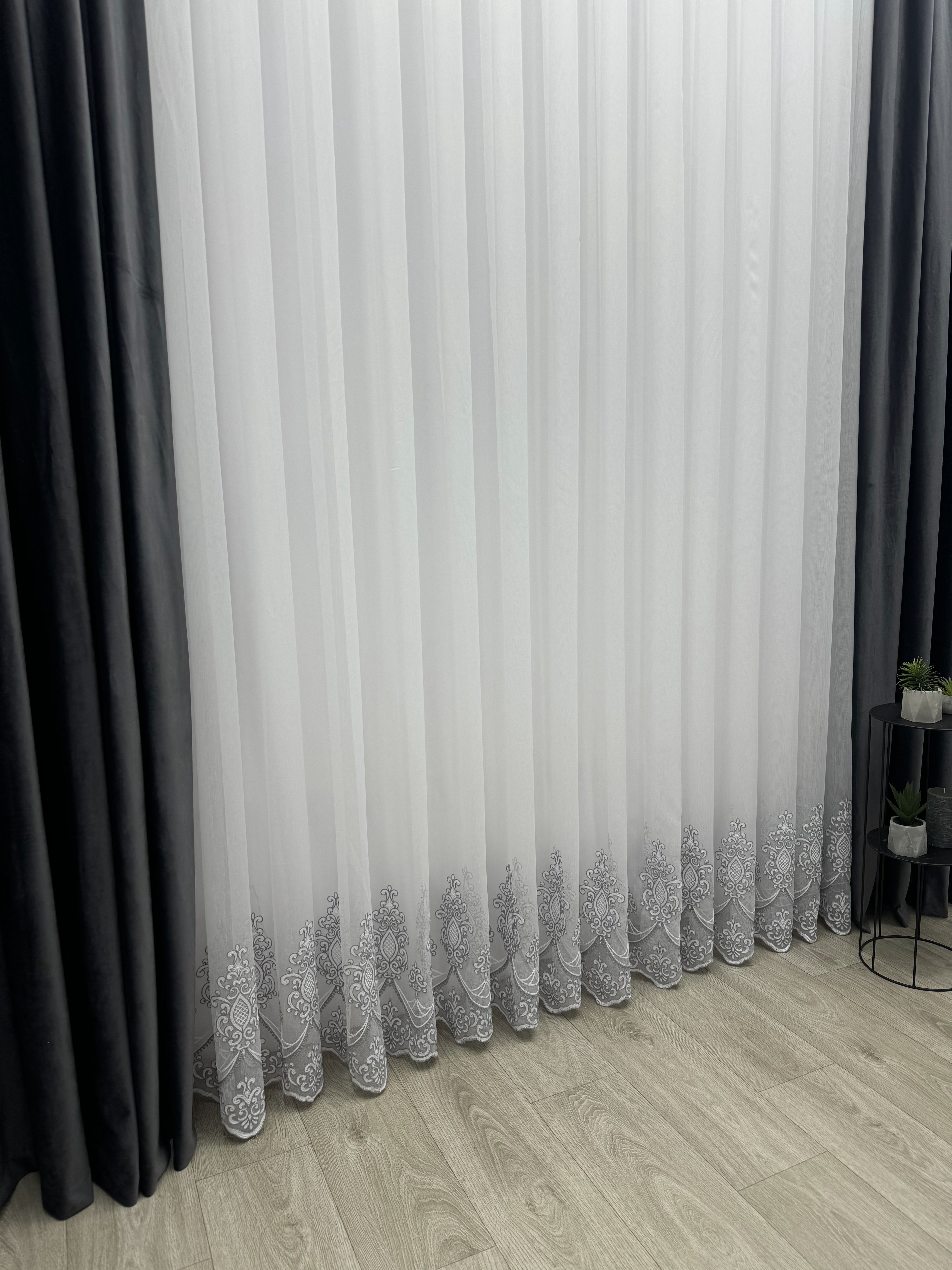 Sheer curtain with chenille embroidery on the bottom , gray color