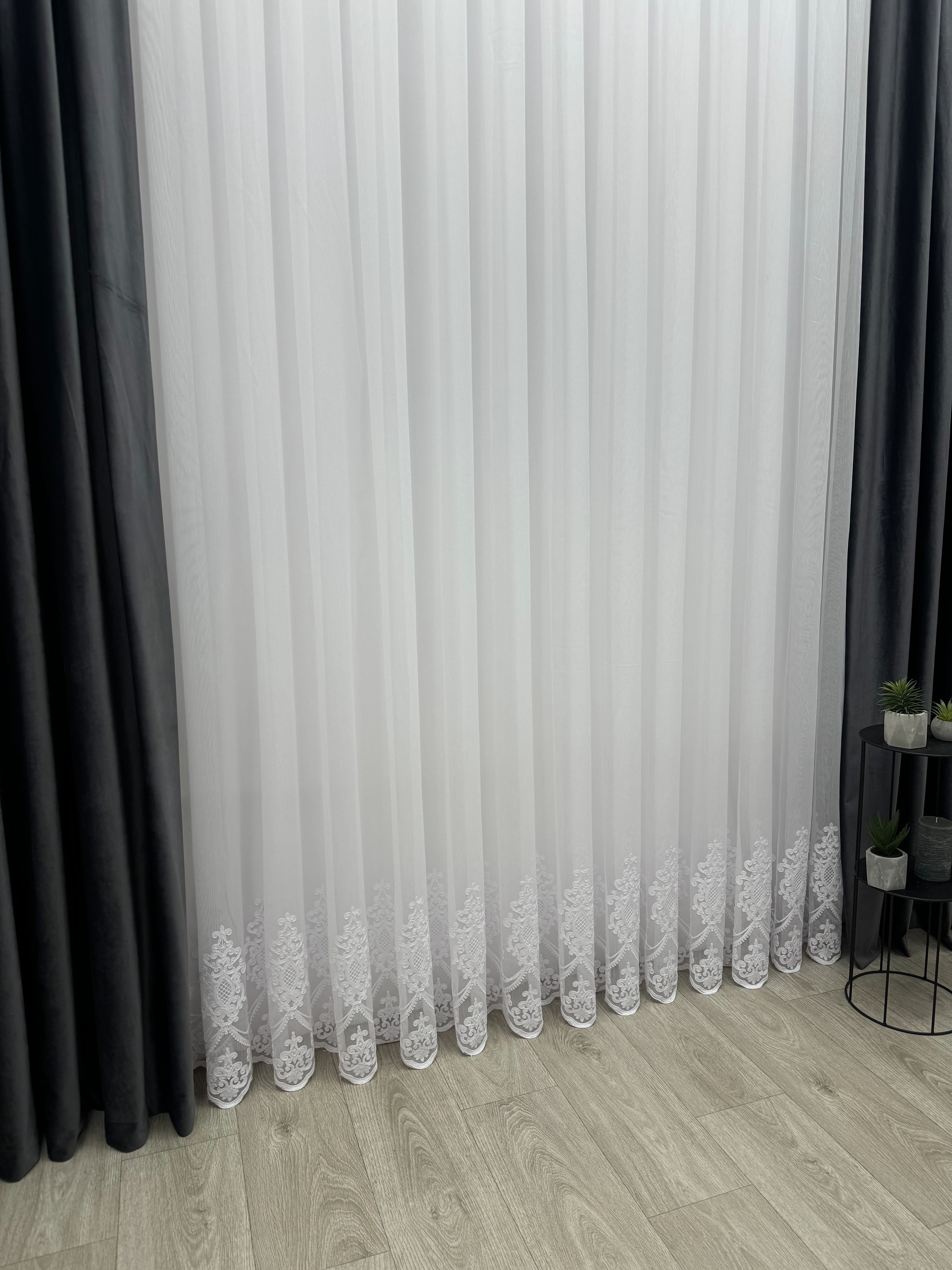 Sheer curtain with chenille embroidery on the bottom , white color