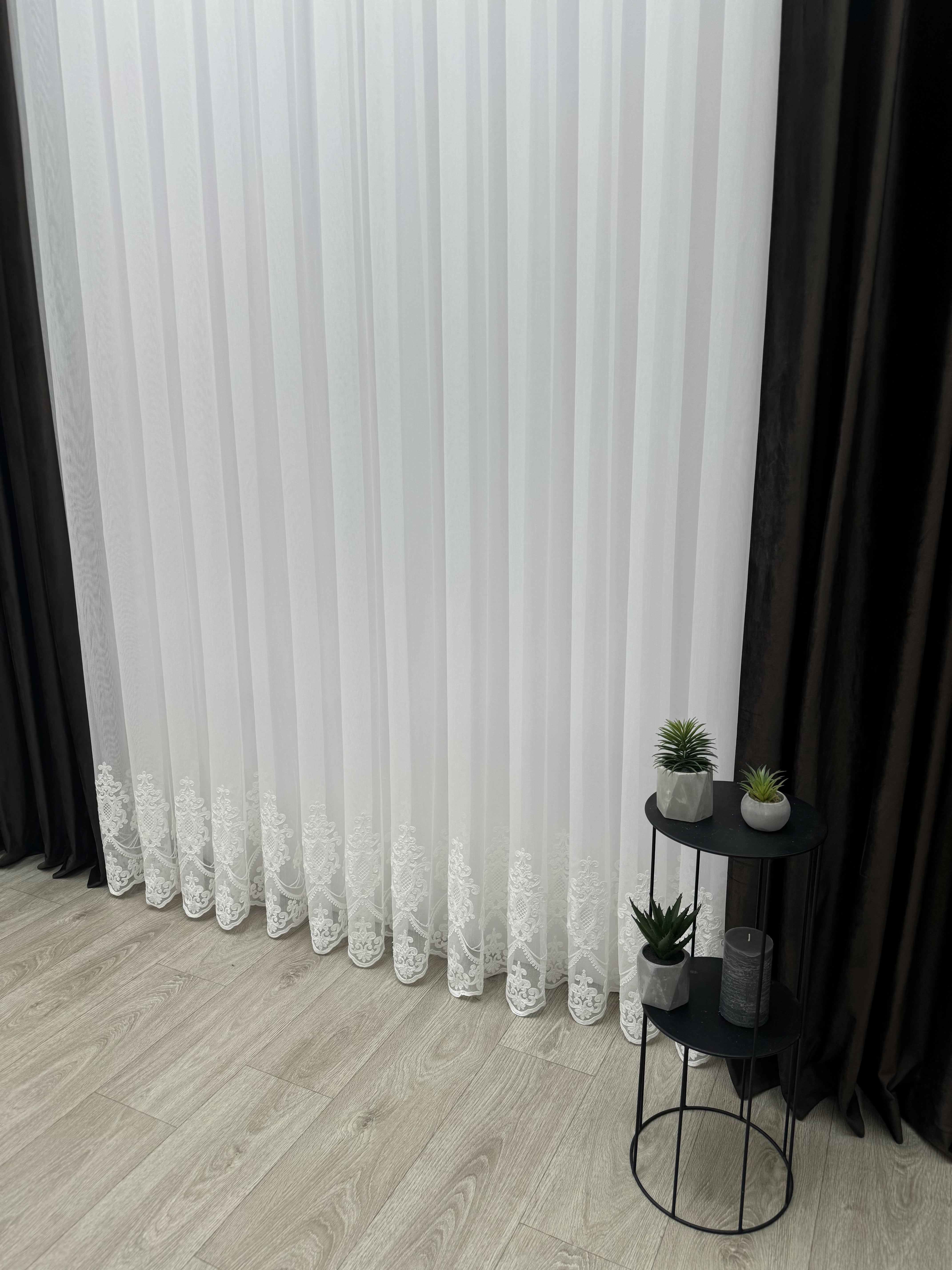 Sheer curtain with chenille embroidery on the bottom , milk color