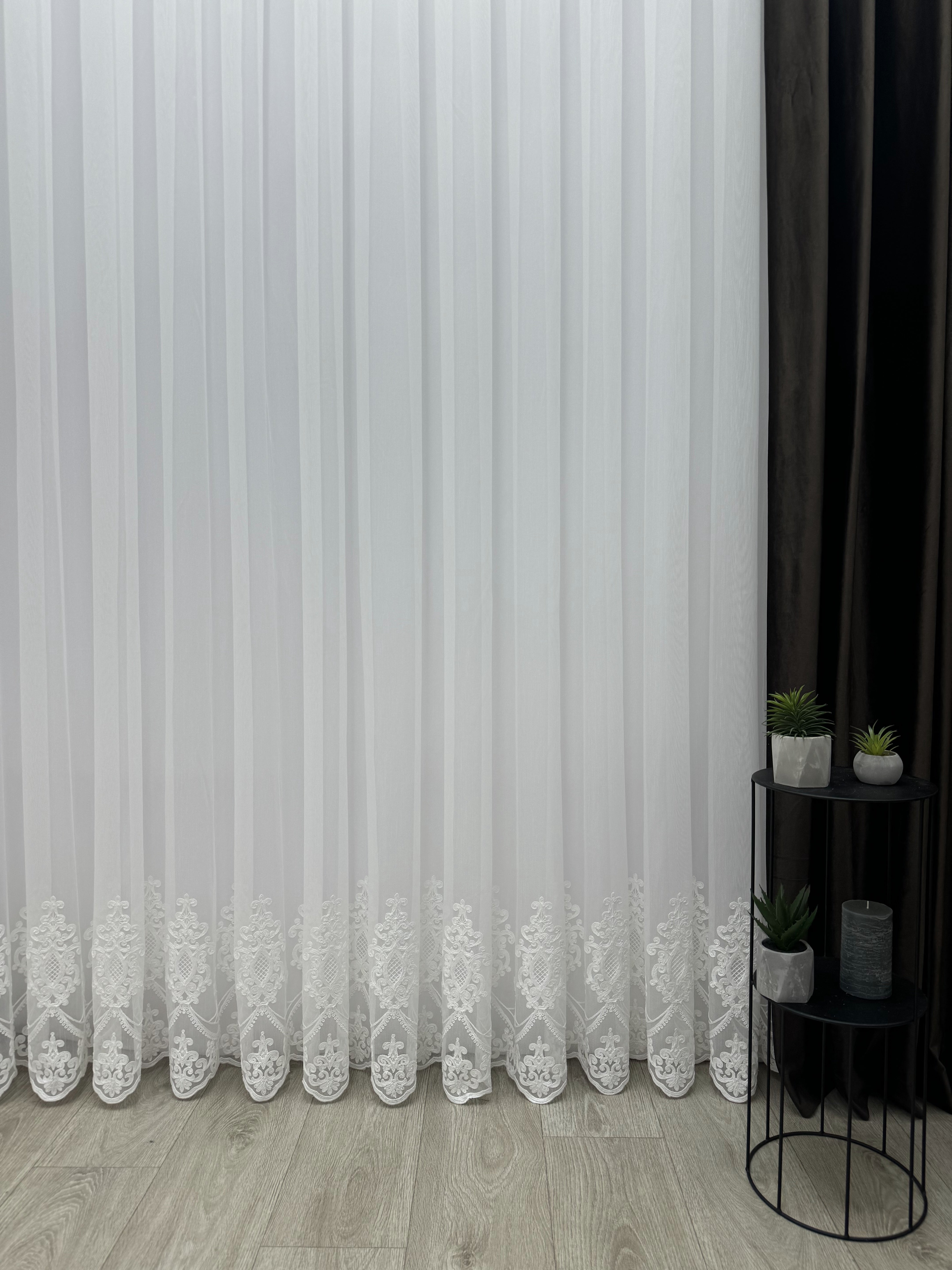 Sheer curtain with chenille embroidery on the bottom , milk color