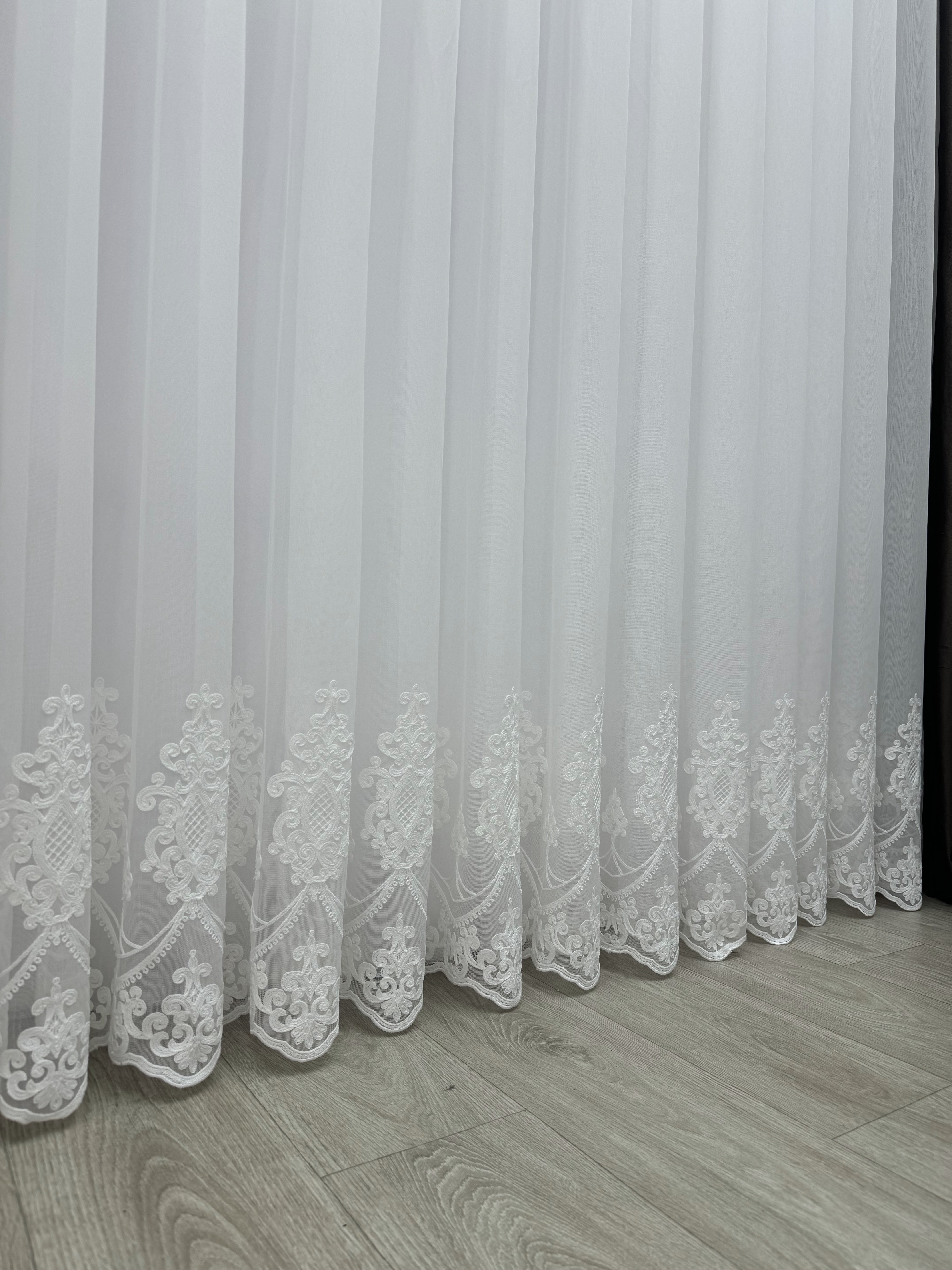 Sheer curtain with chenille embroidery on the bottom , milk color