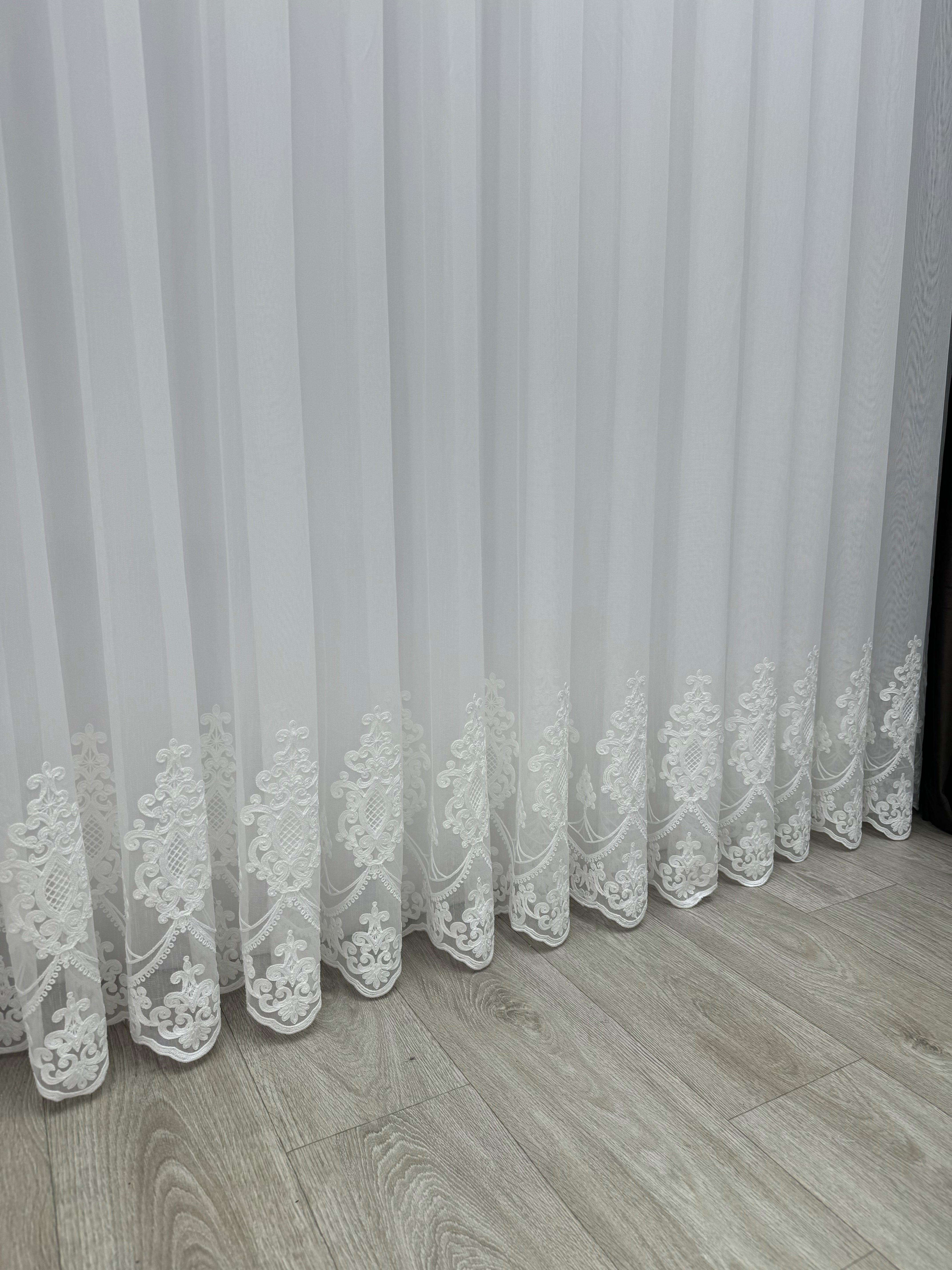 Sheer curtain with chenille embroidery on the bottom , milk color