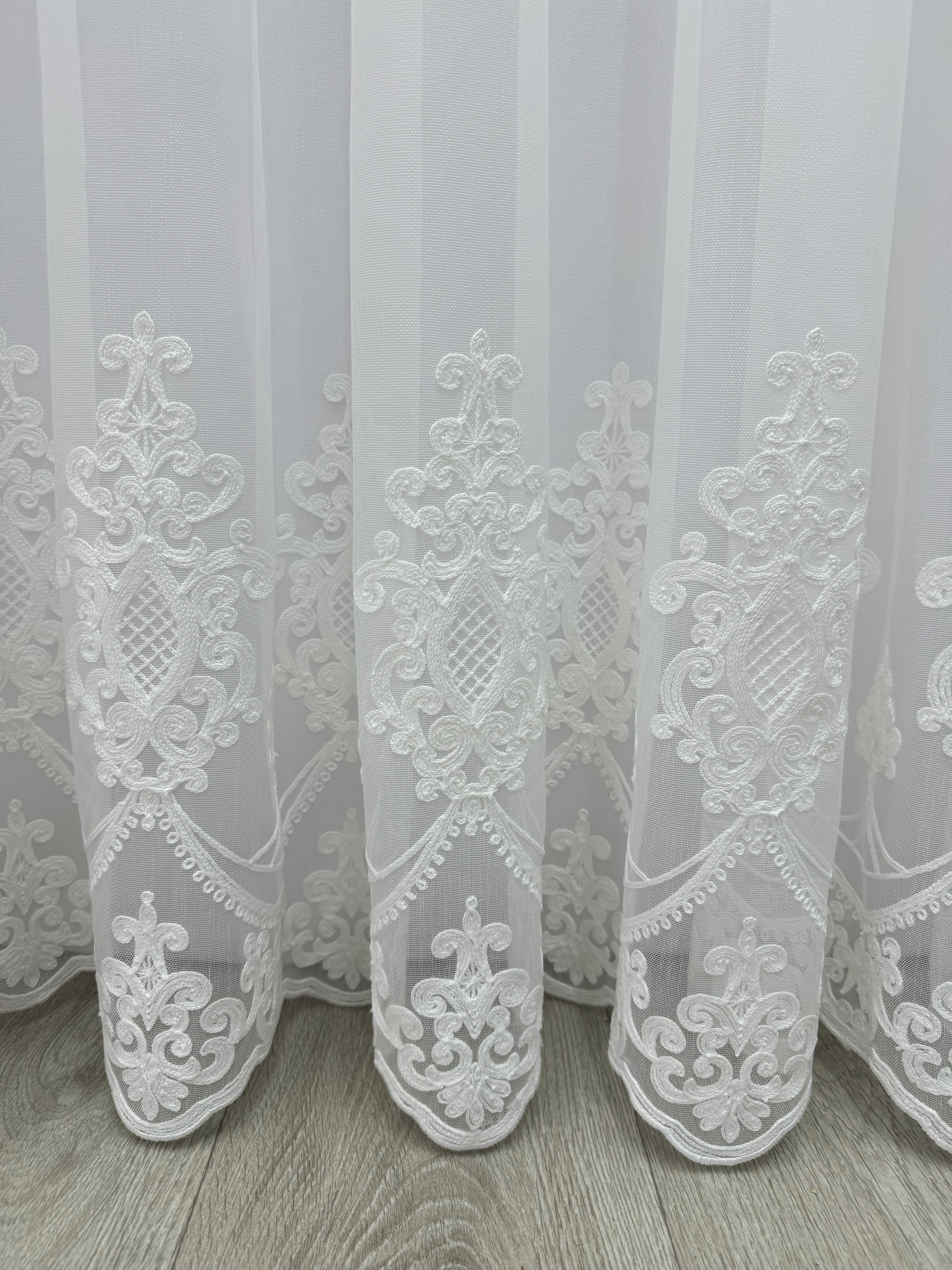 Sheer curtain with chenille embroidery on the bottom , milk color