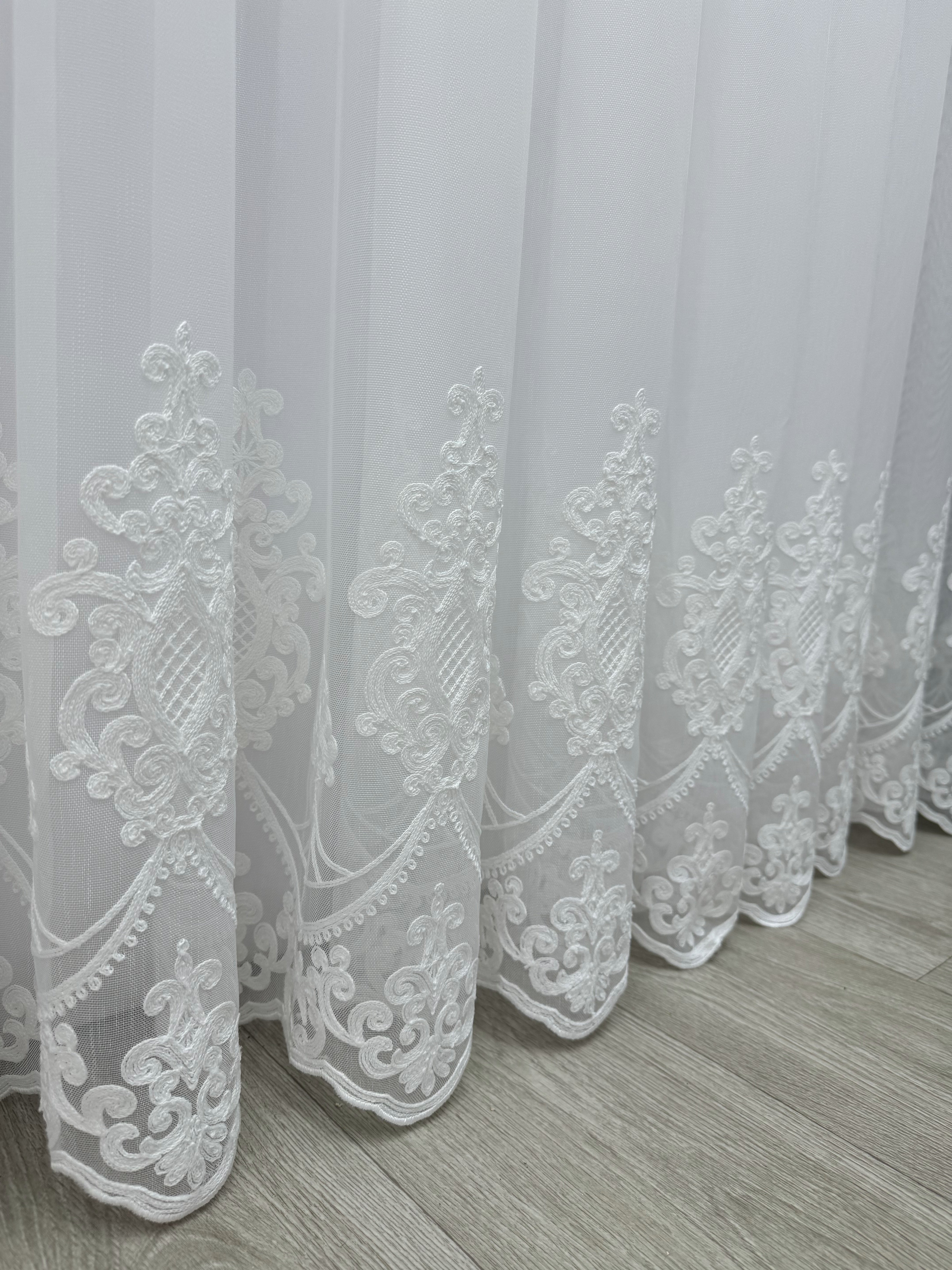 Sheer curtain with chenille embroidery on the bottom , milk color