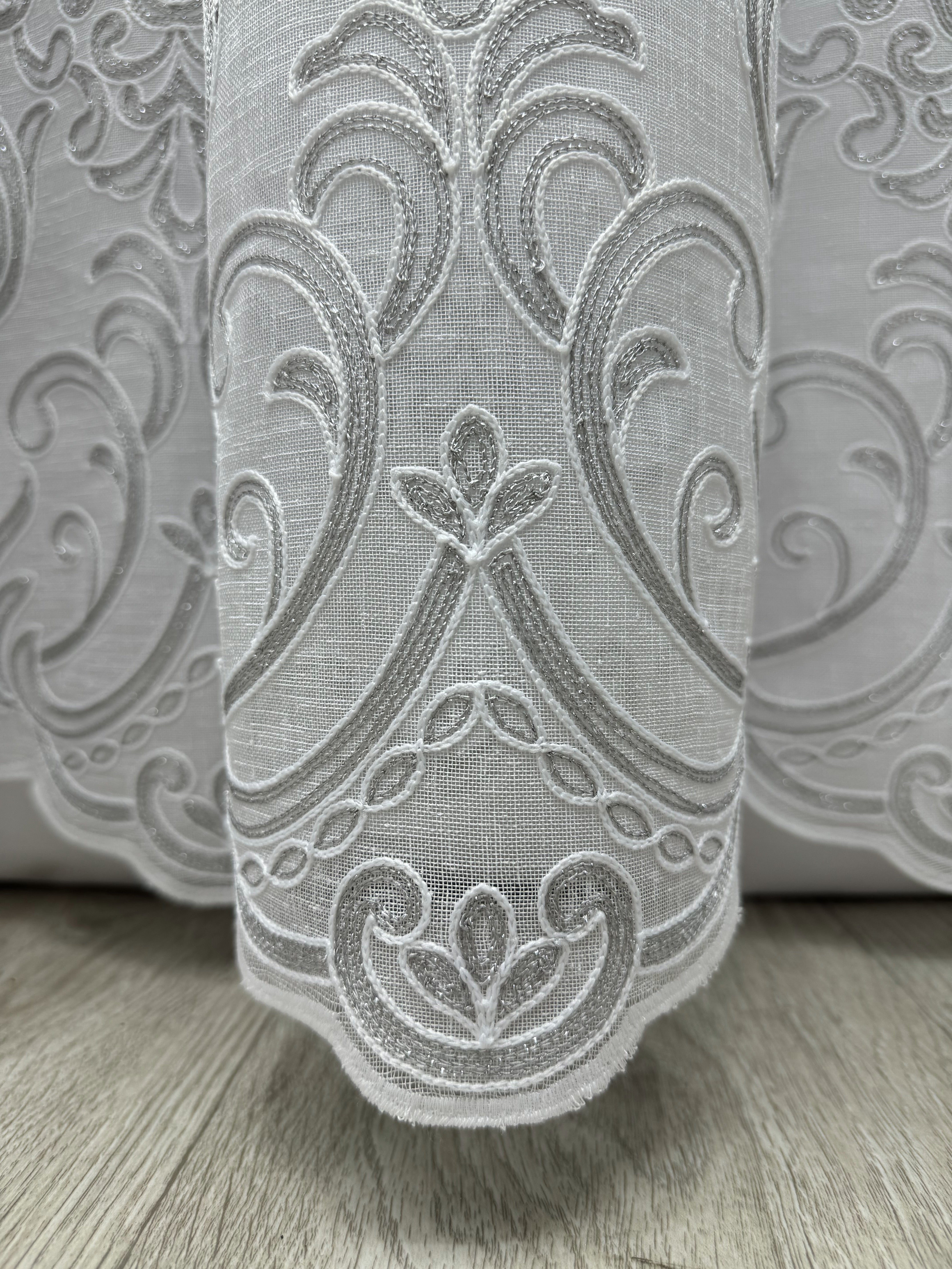 Linen sheer curtain with beautiful embroidery, gray color