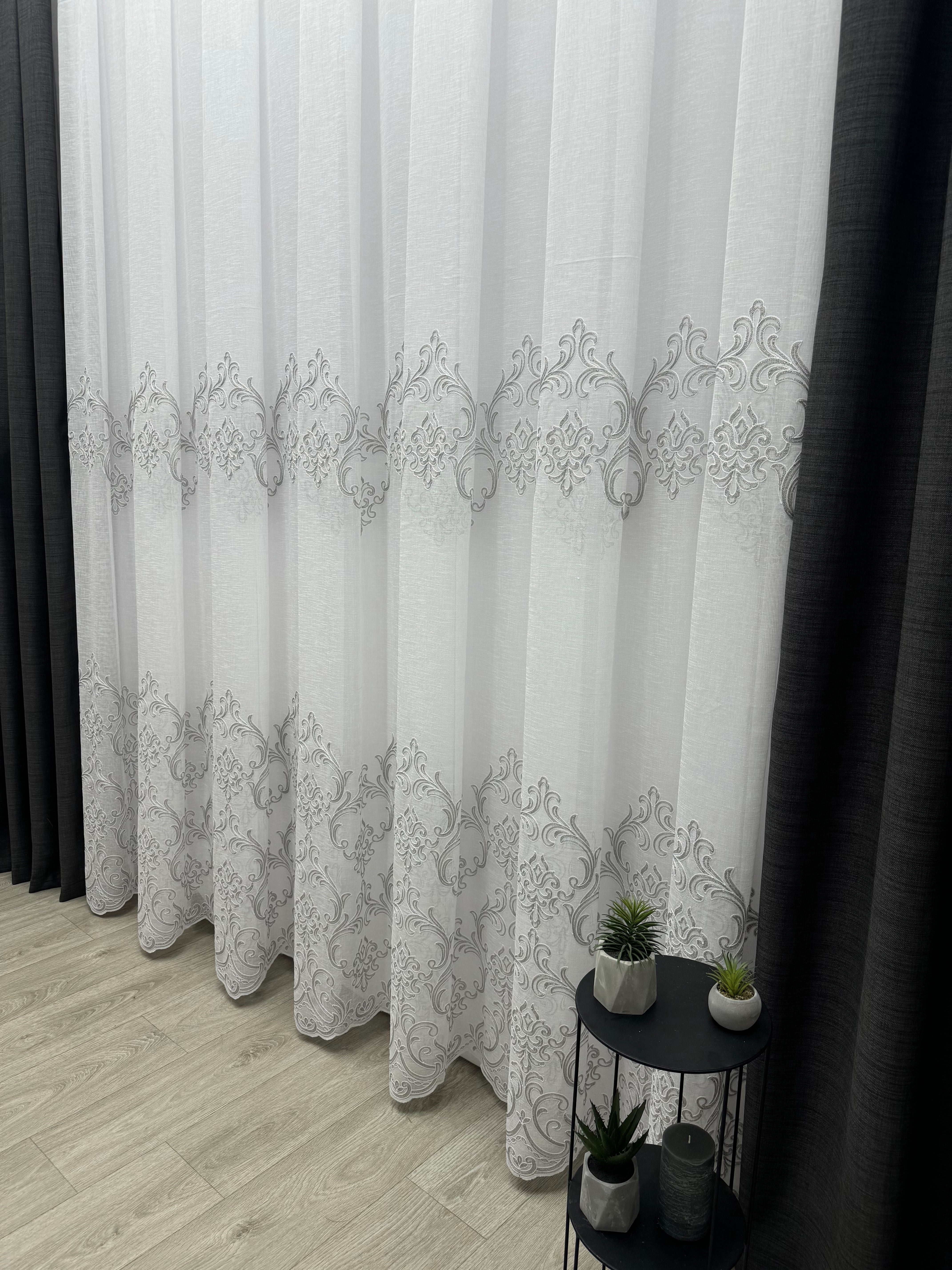 Linen sheer curtain with beautiful embroidery, gray color