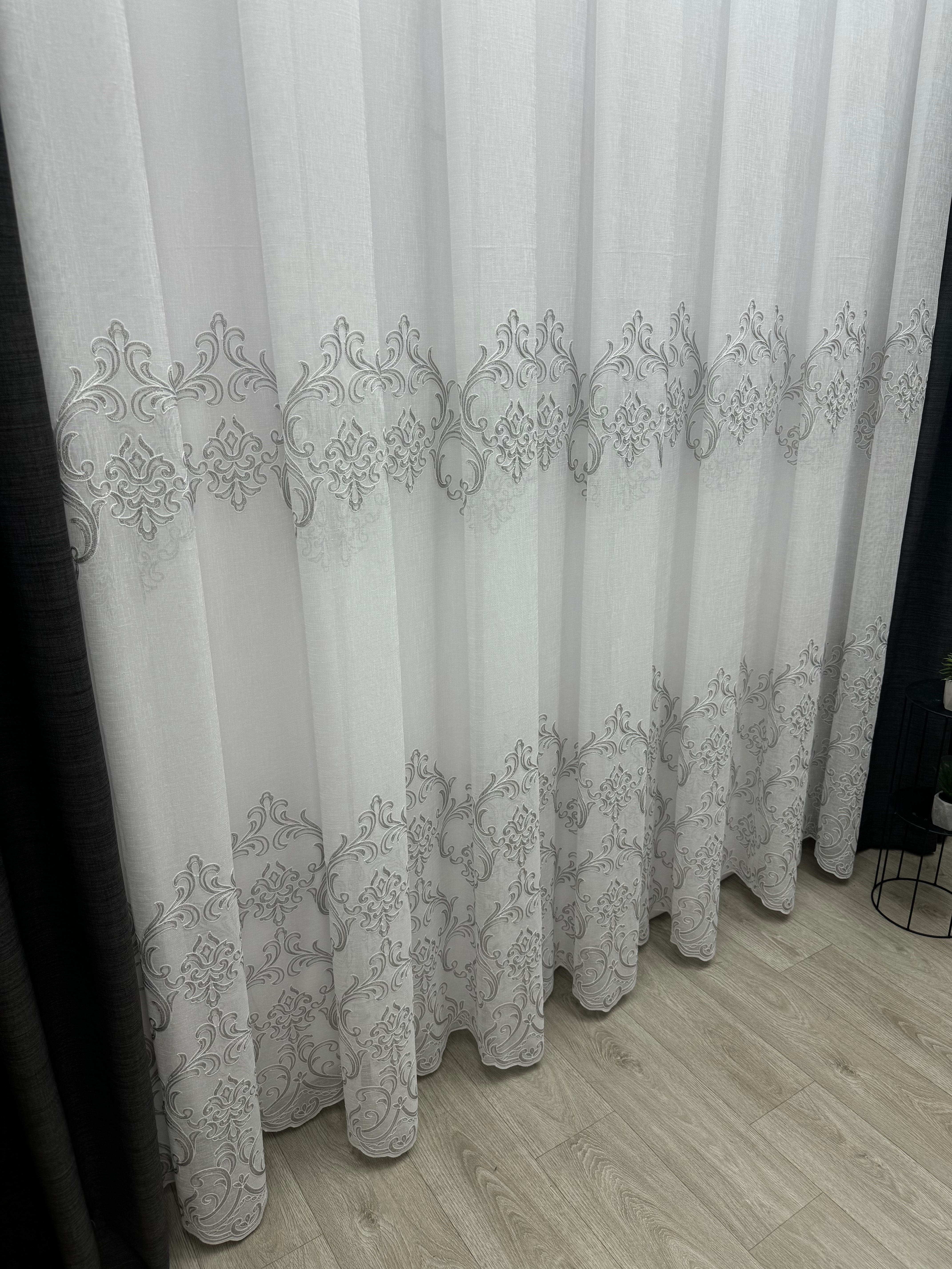 Linen sheer curtain with beautiful embroidery, gray color