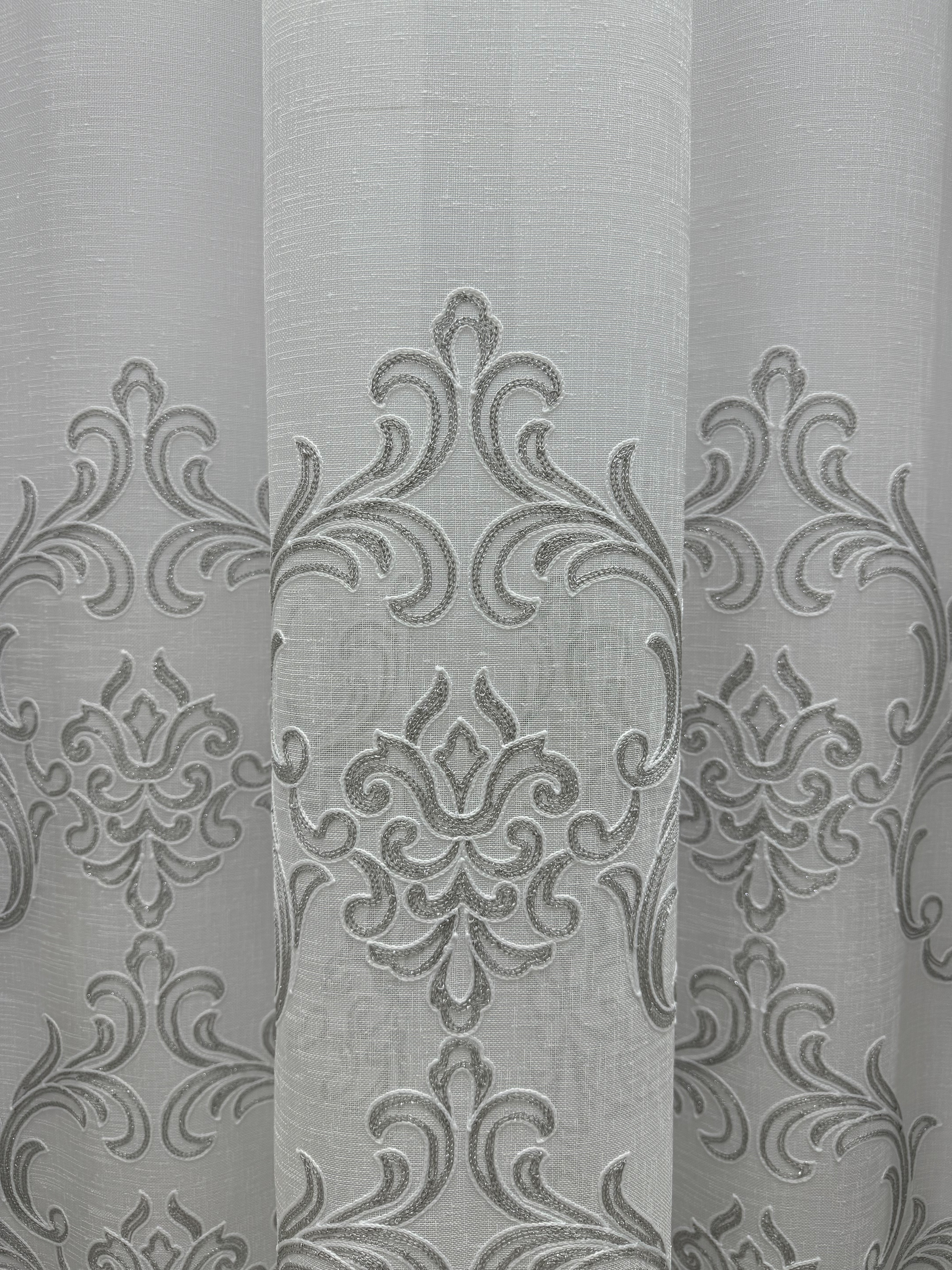 Linen sheer curtain with beautiful embroidery, gray color