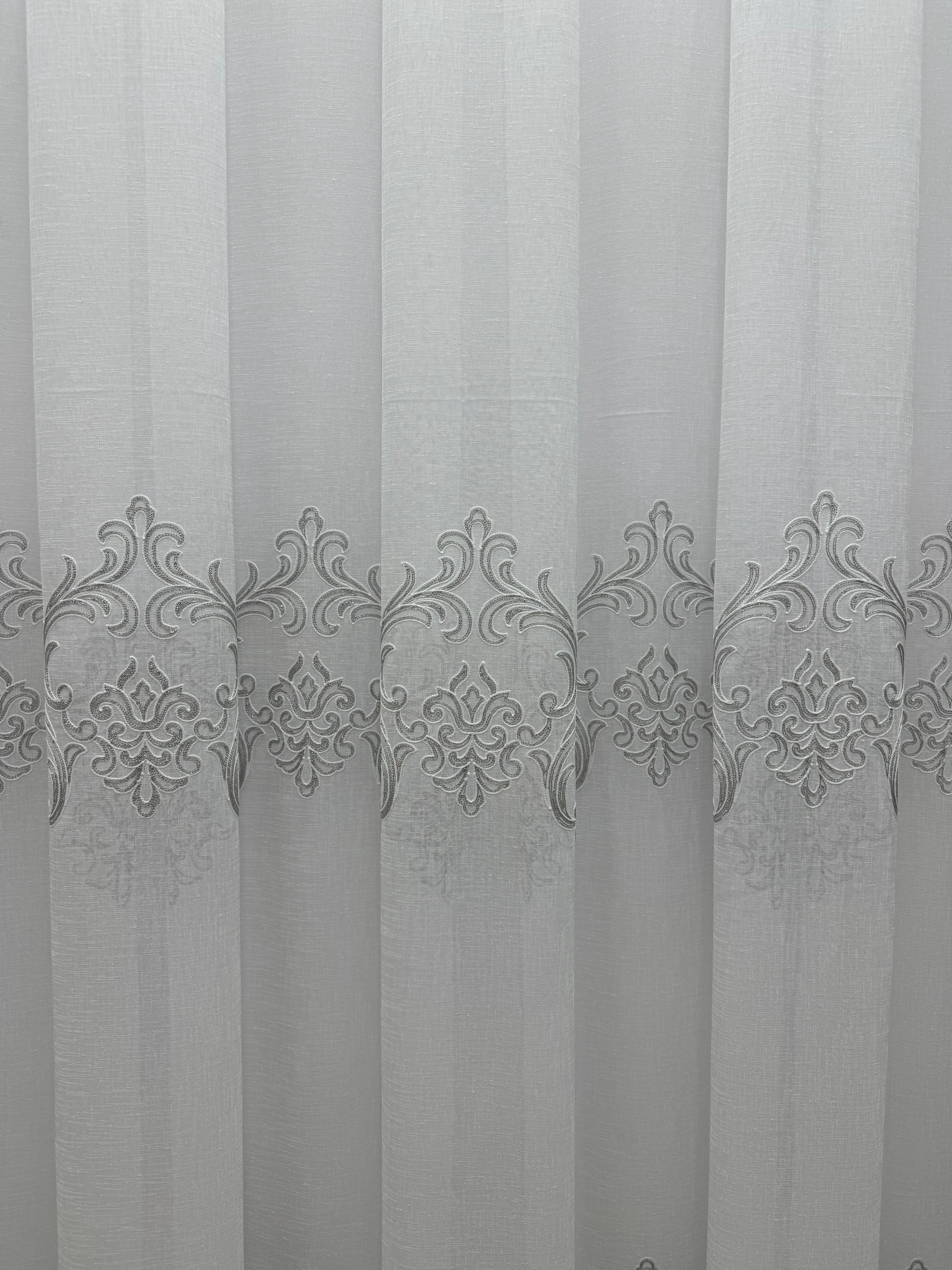 Linen sheer curtain with beautiful embroidery, gray color