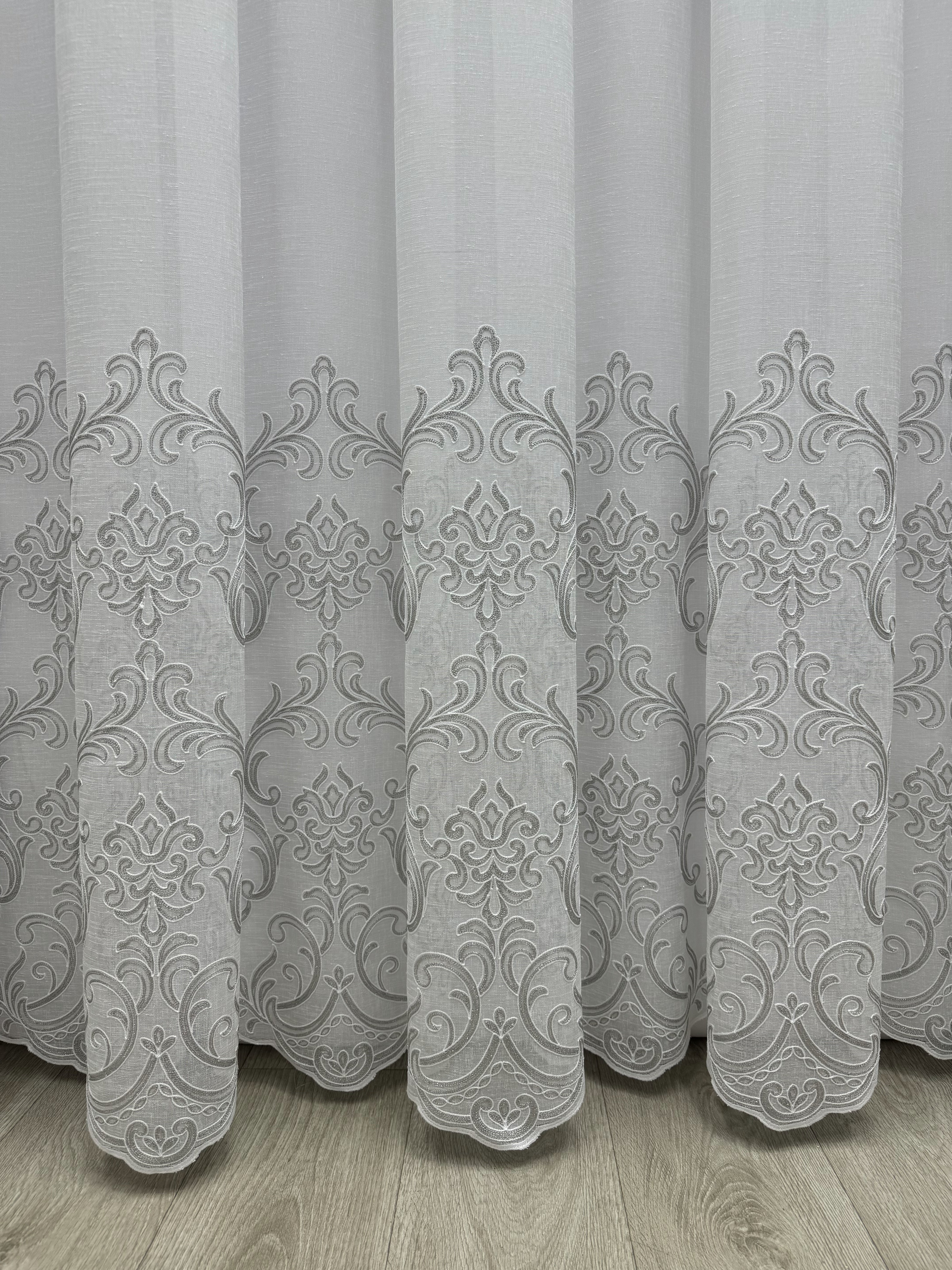 Linen sheer curtain with beautiful embroidery, gray color