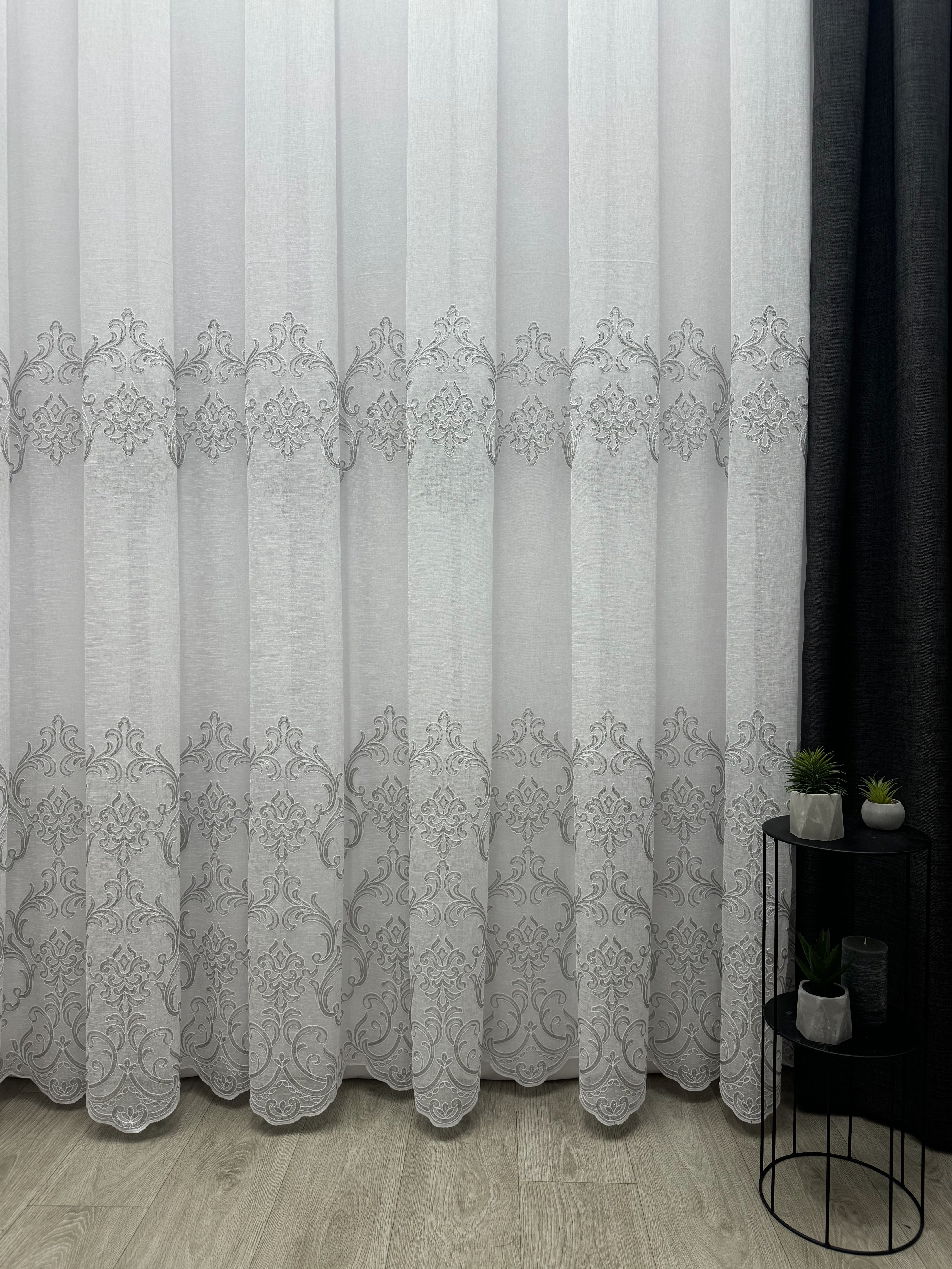 Linen sheer curtain with beautiful embroidery, gray color