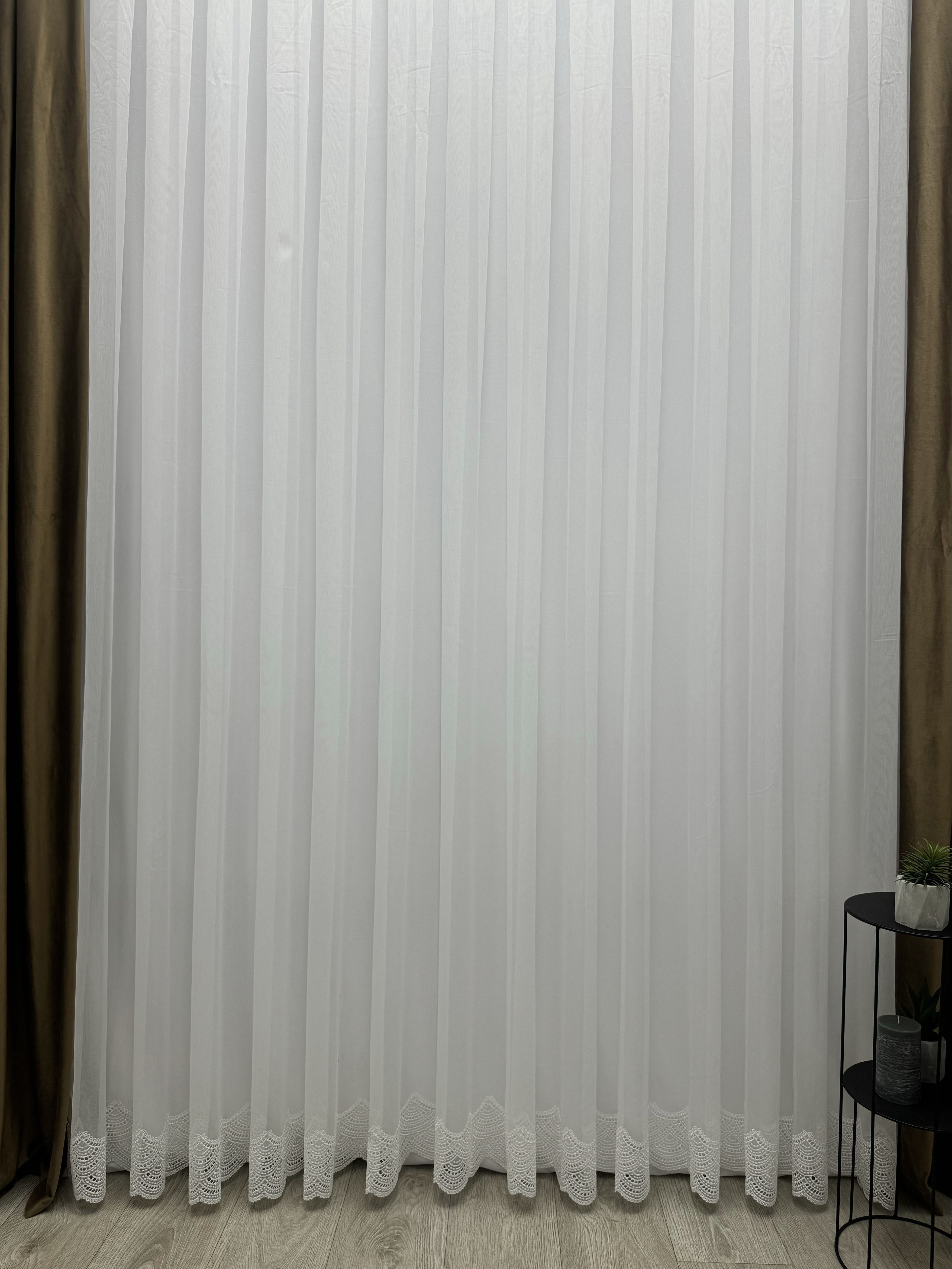 Sheer curtain with chenille embroidery on the bottom , milk color