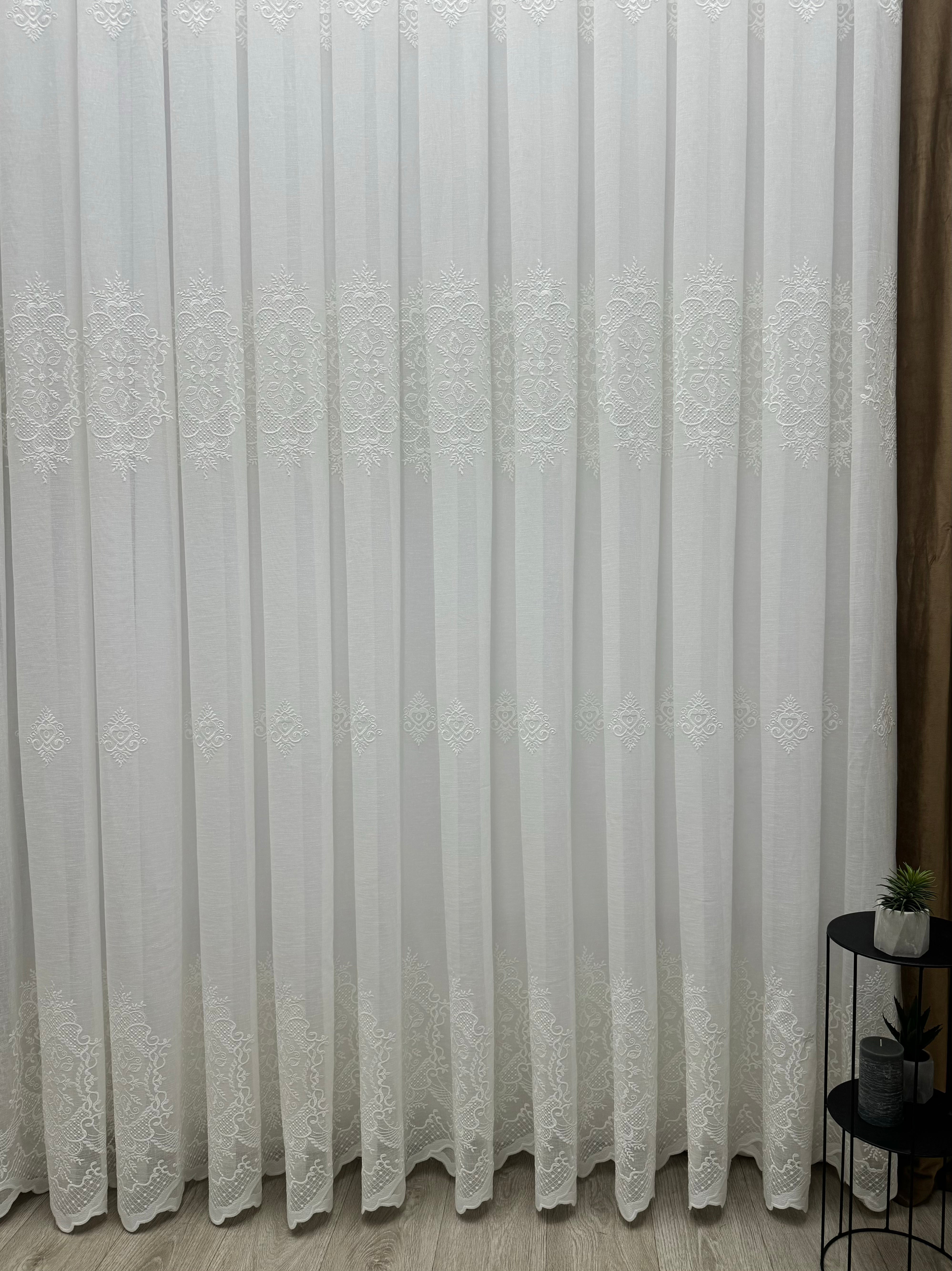 Linen-based sheer curtain with embroidery, milk color