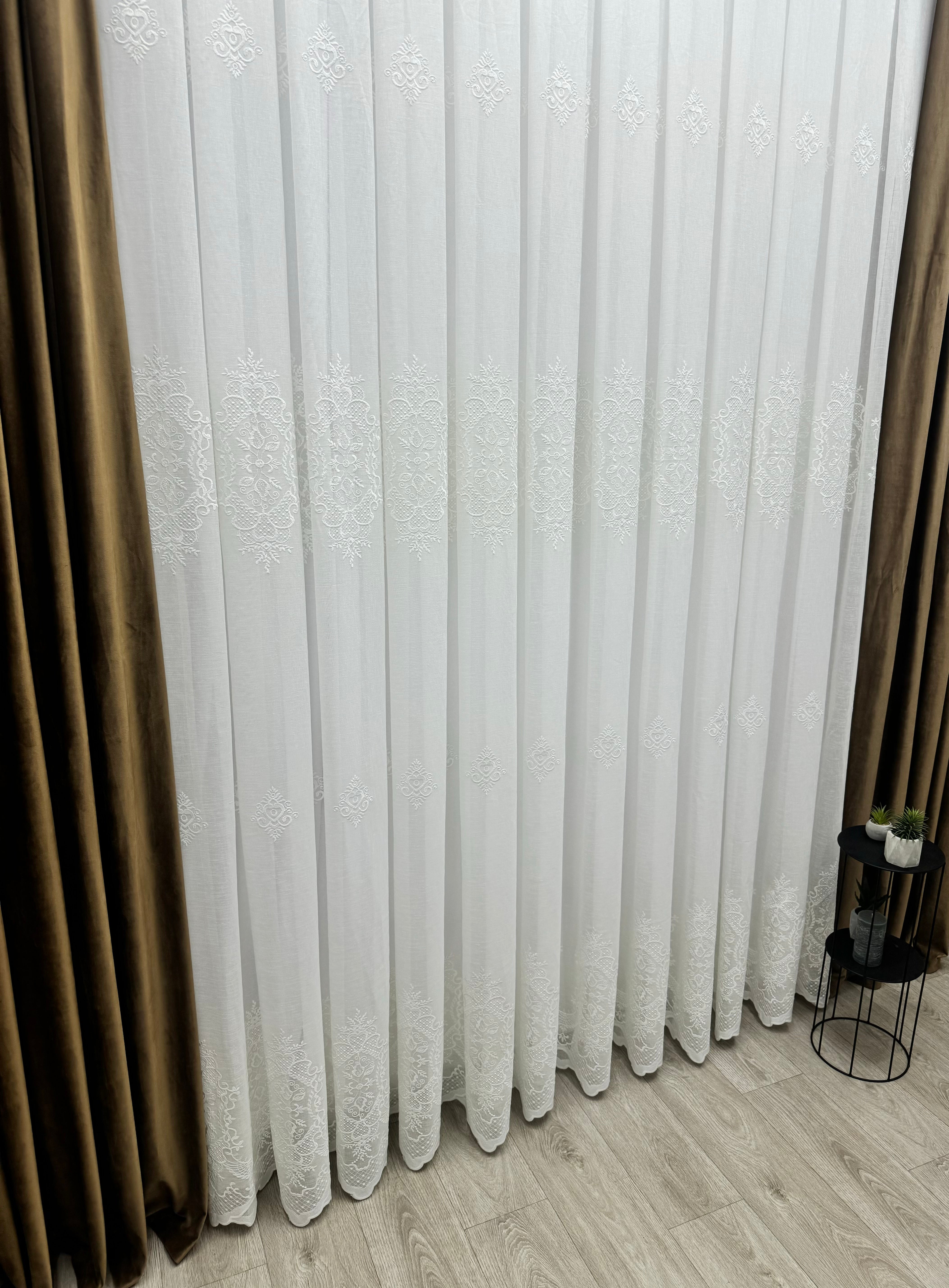 Linen-based sheer curtain with embroidery, milk color