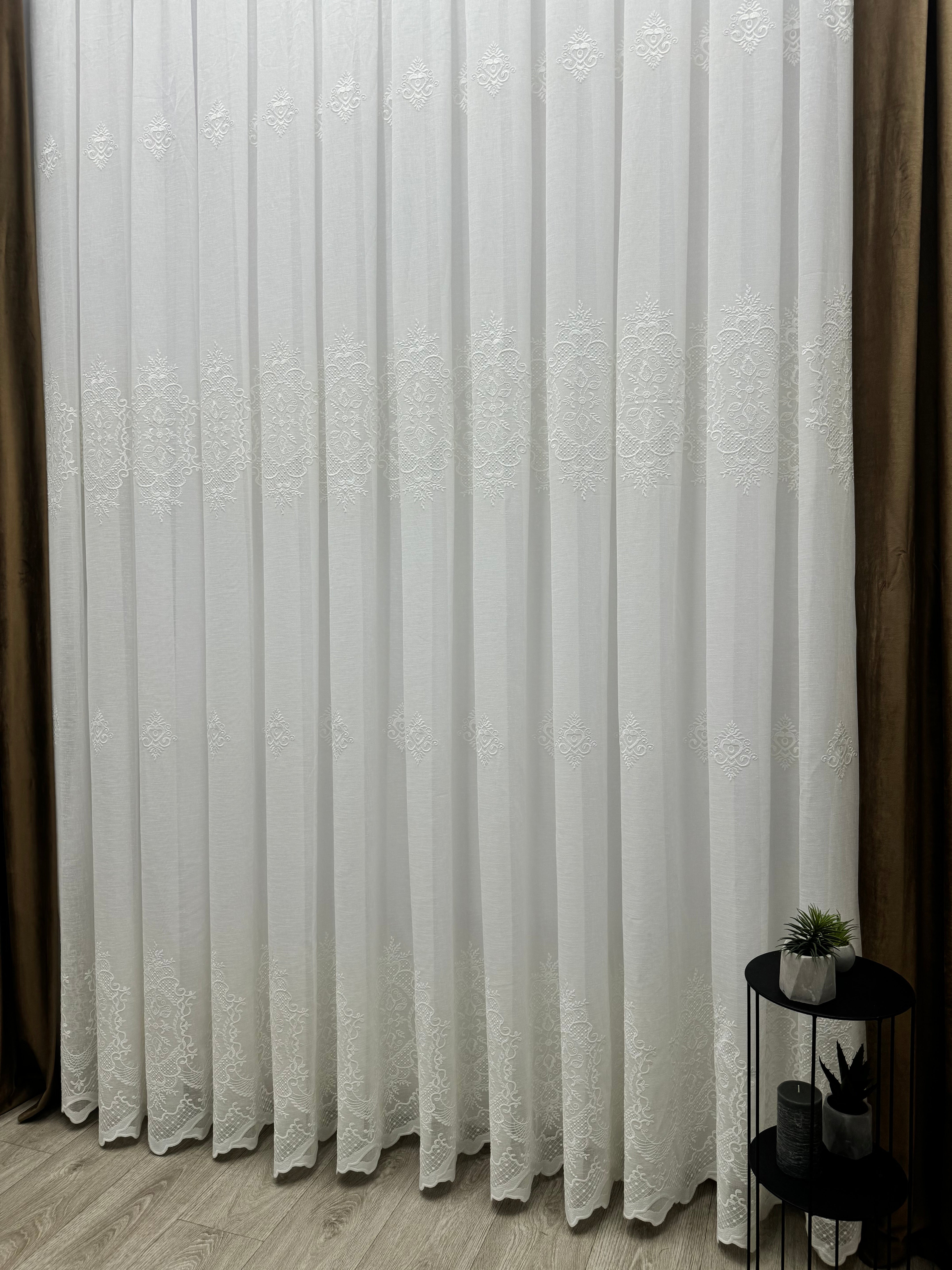 Linen-based sheer curtain with embroidery, milk color