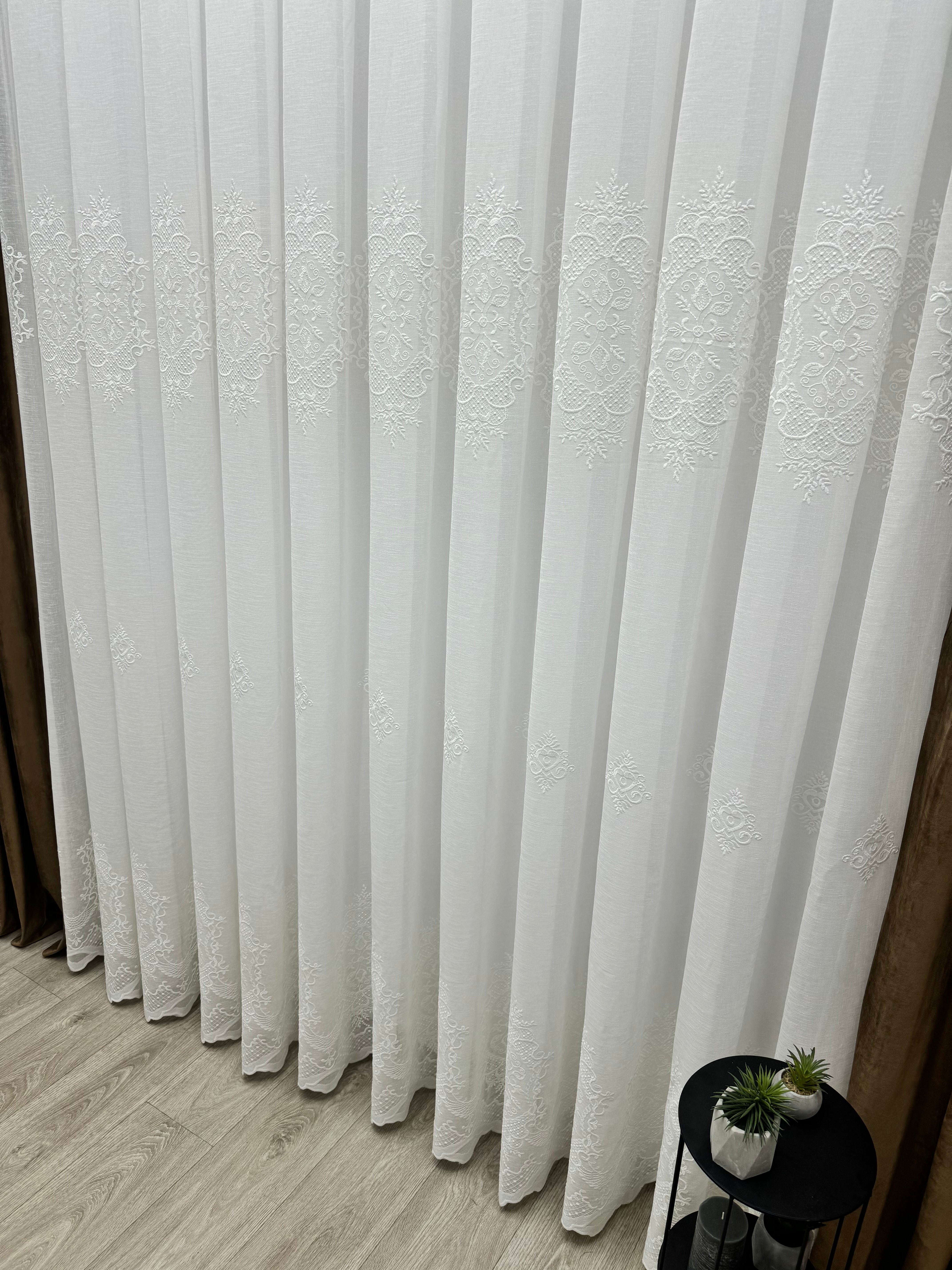 Linen-based sheer curtain with embroidery, milk color