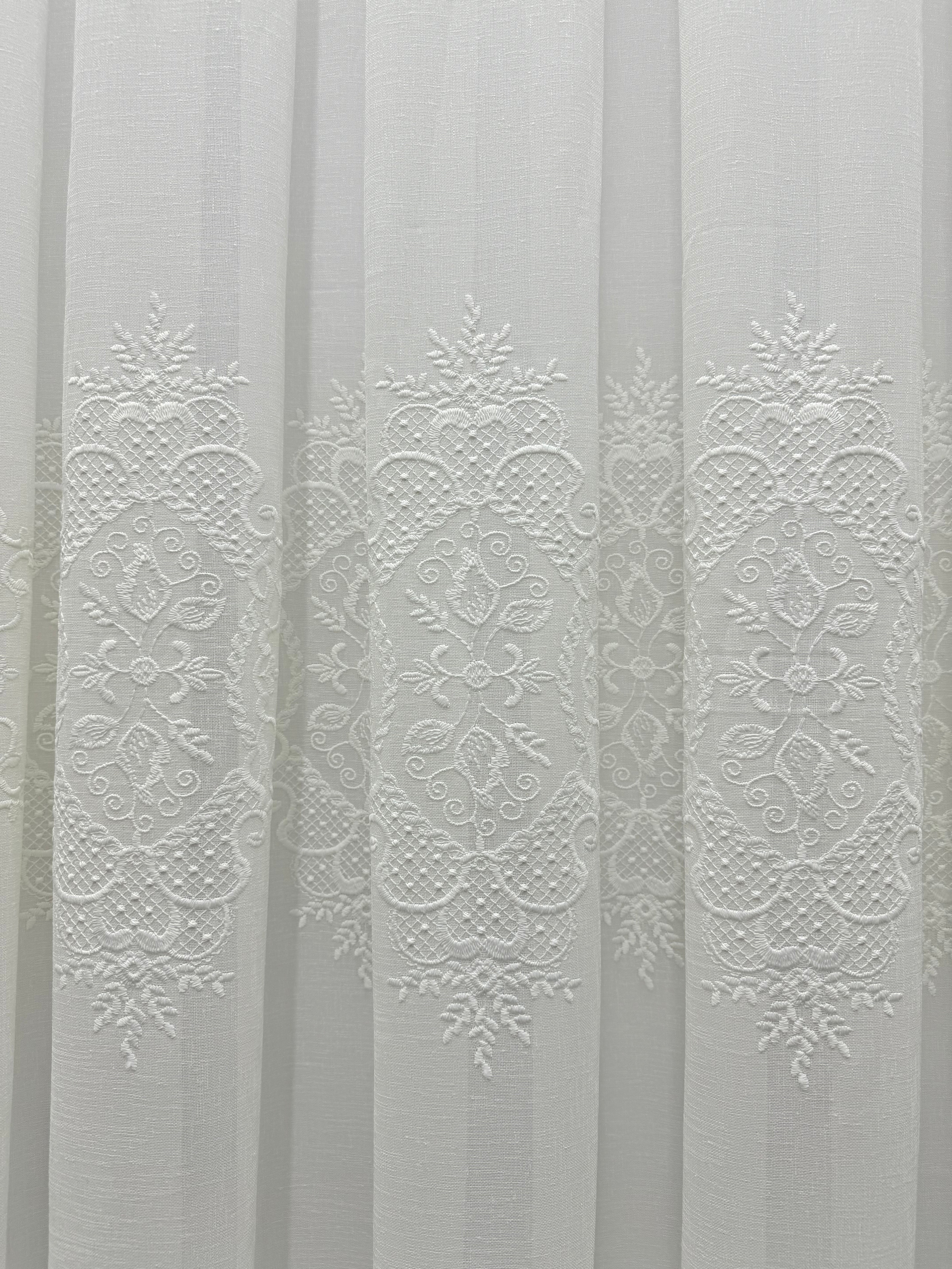 Linen-based sheer curtain with embroidery, milk color