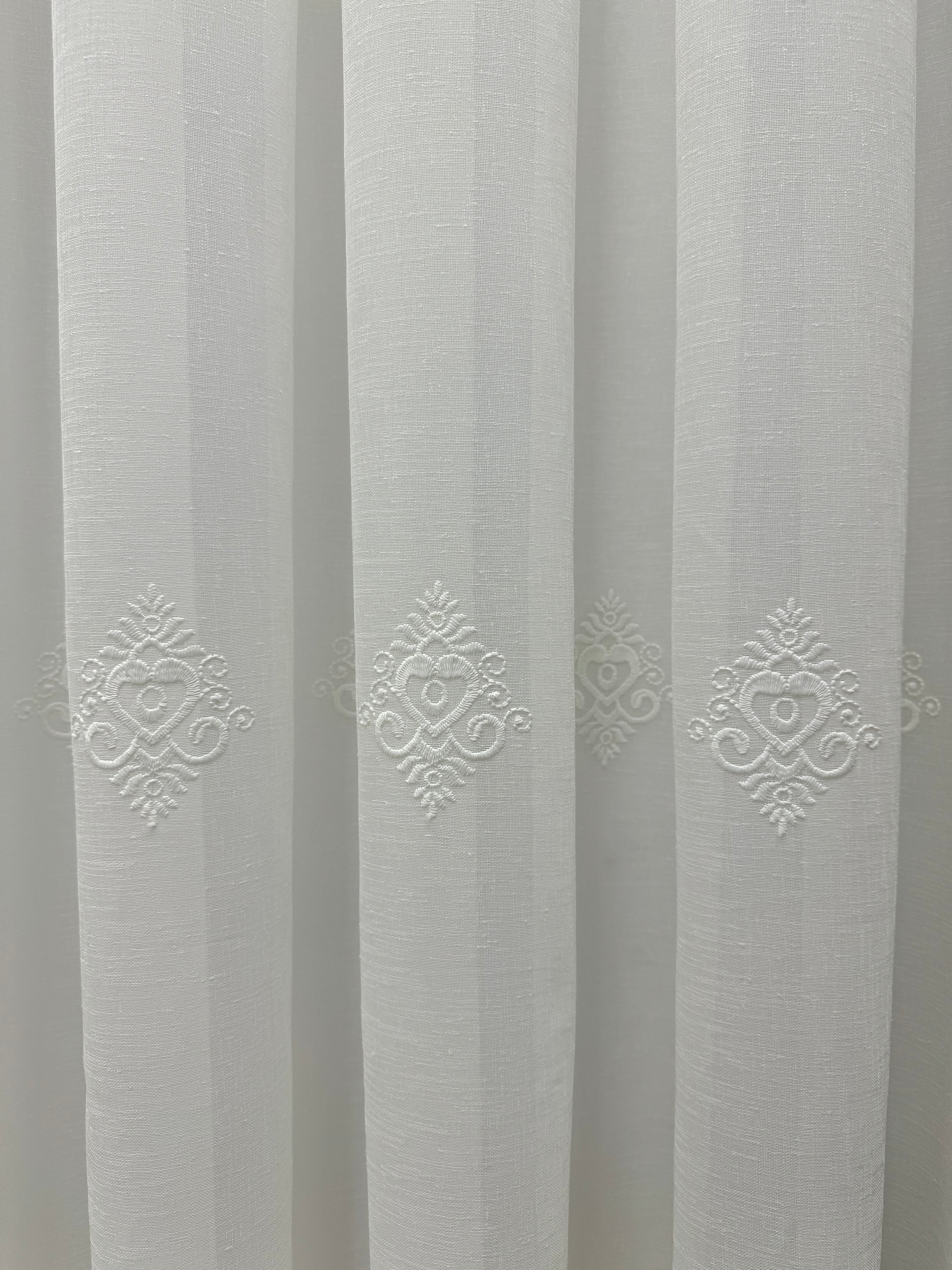 Linen-based sheer curtain with embroidery, milk color