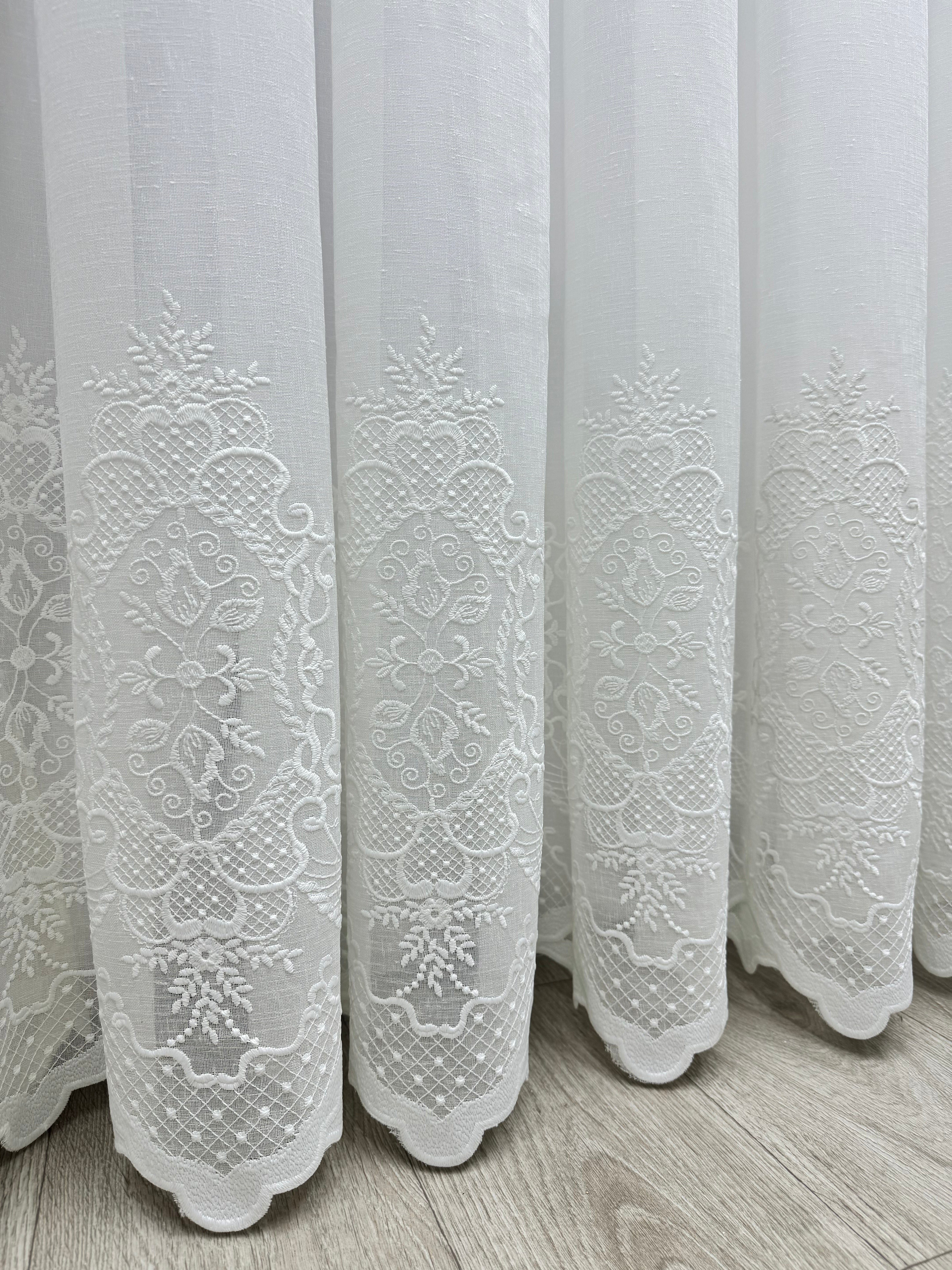 Linen-based sheer curtain with embroidery, milk color