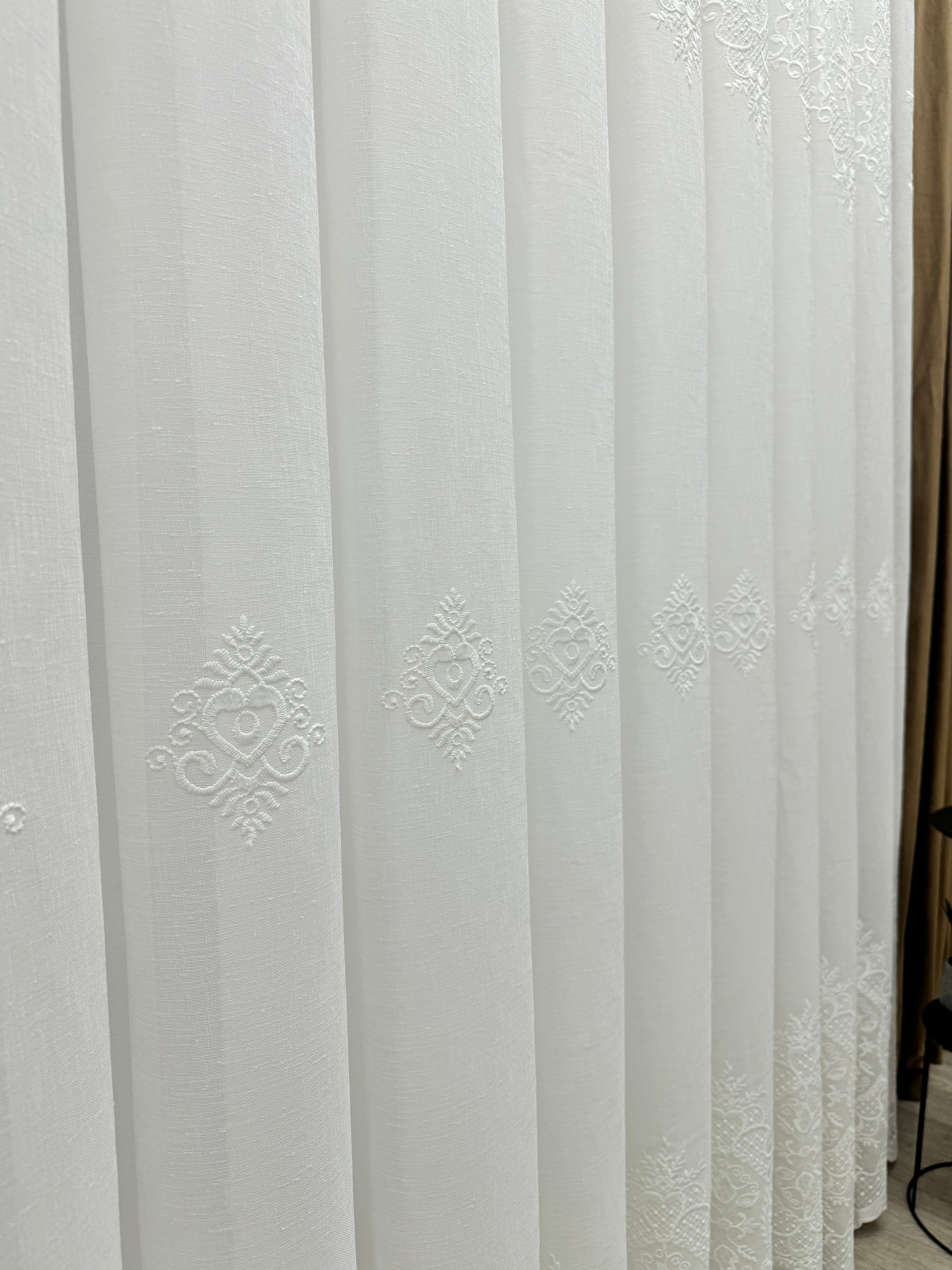 Linen-based sheer curtain with embroidery, milk color