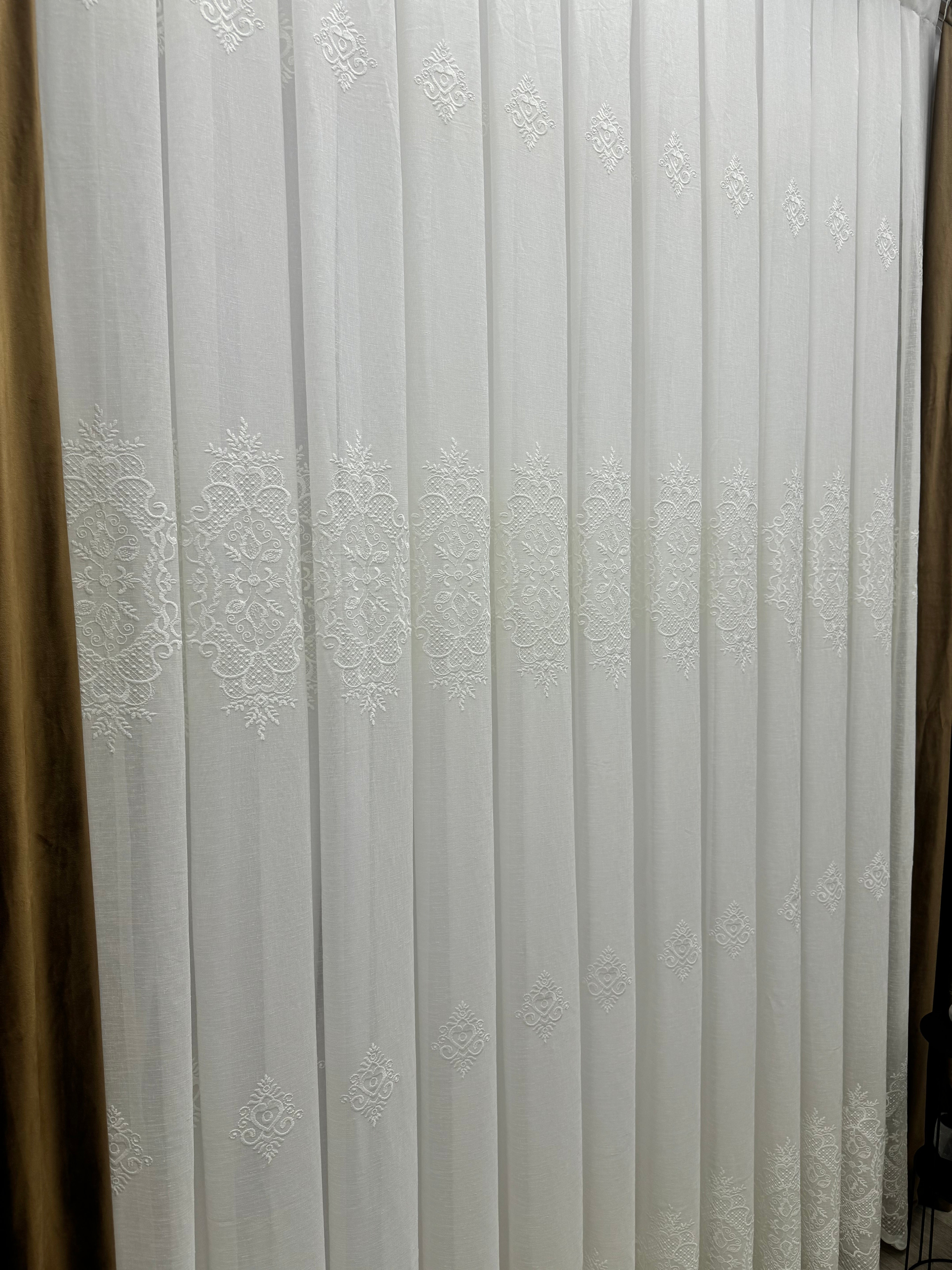 Linen-based sheer curtain with embroidery, milk color