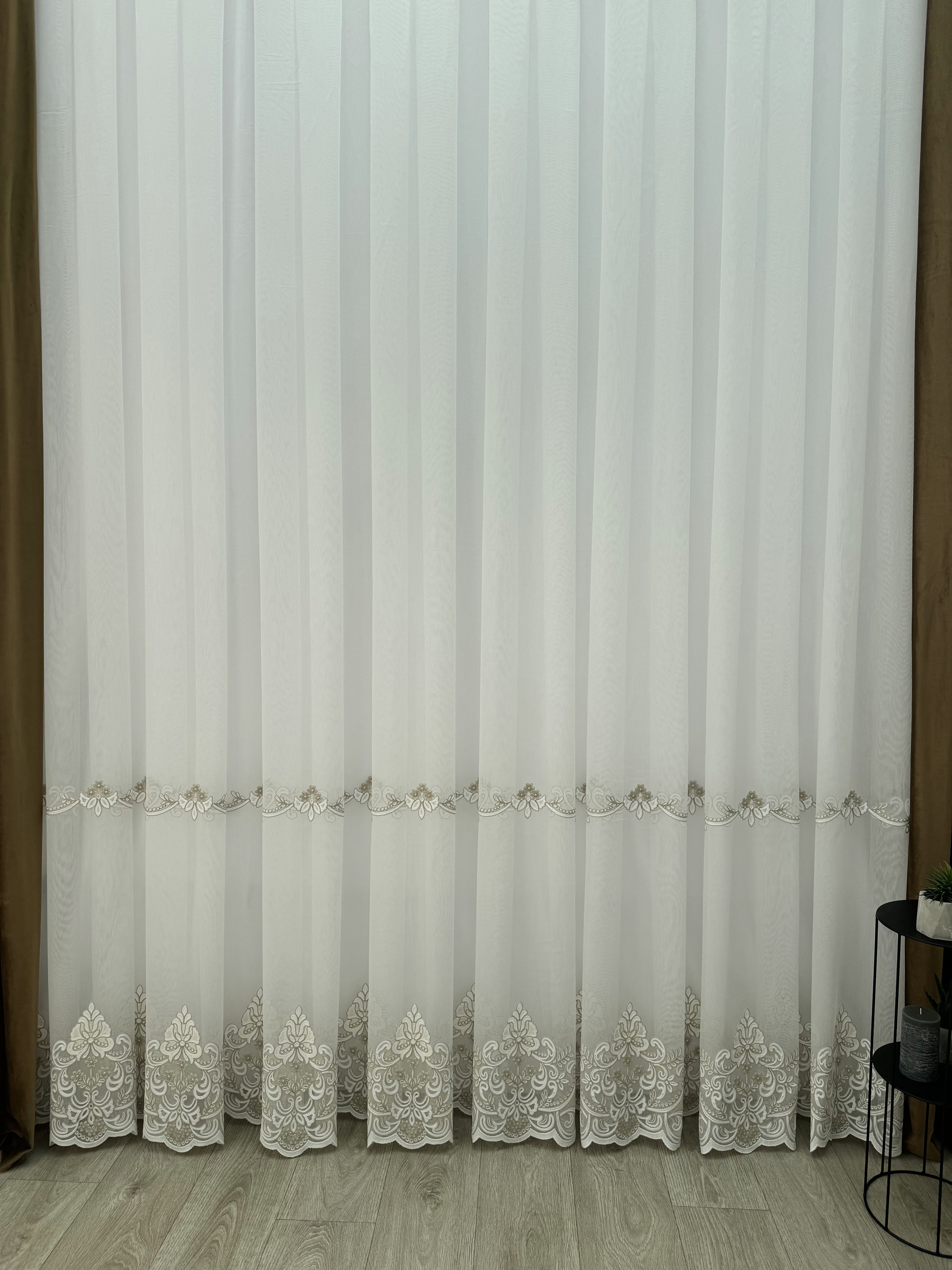 Sheer curtain with chenille embroidery on the bottom , milk with gold color