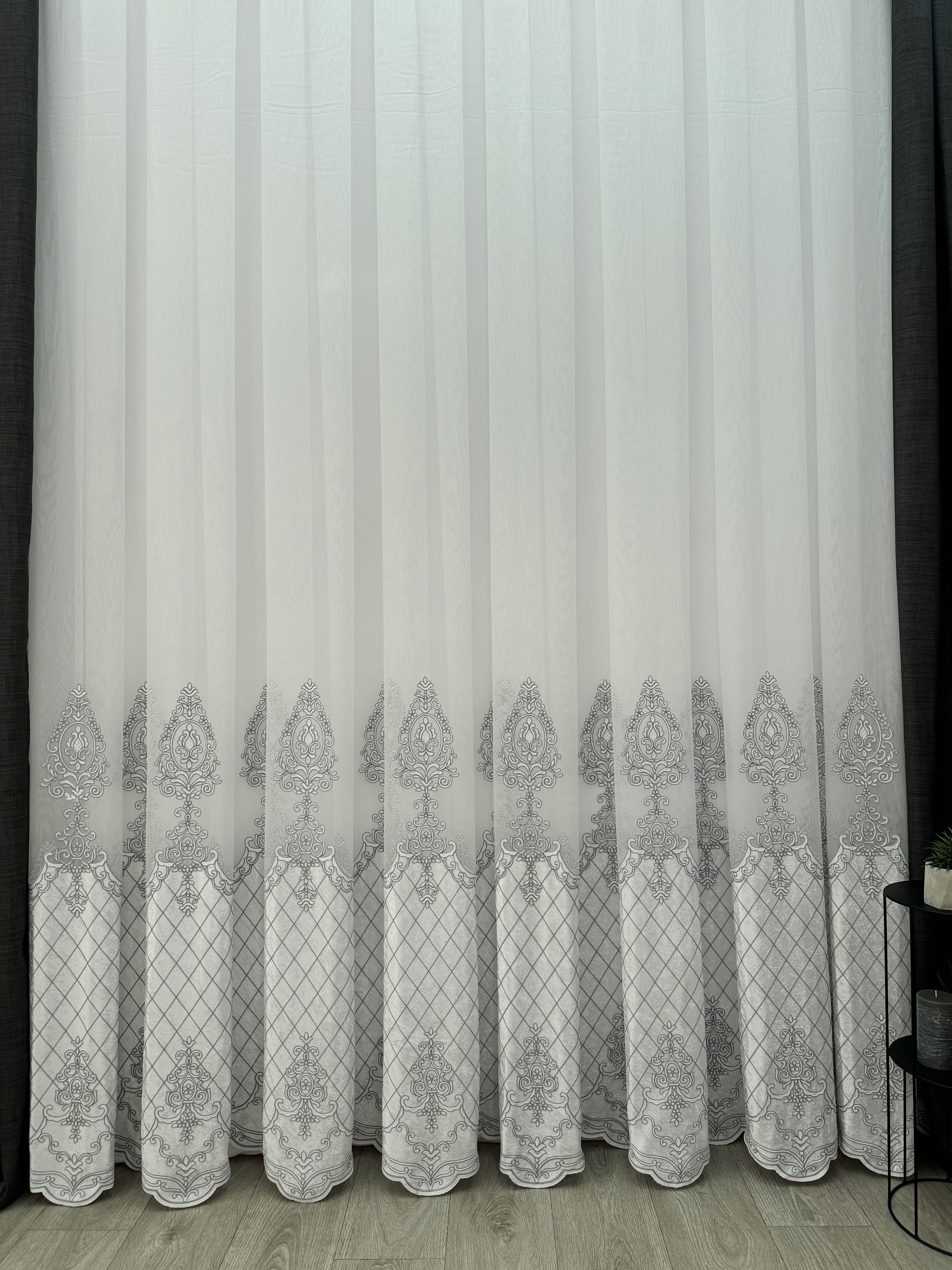 Sheer curtain with beautiful embroidery and velvet inserts, gray color