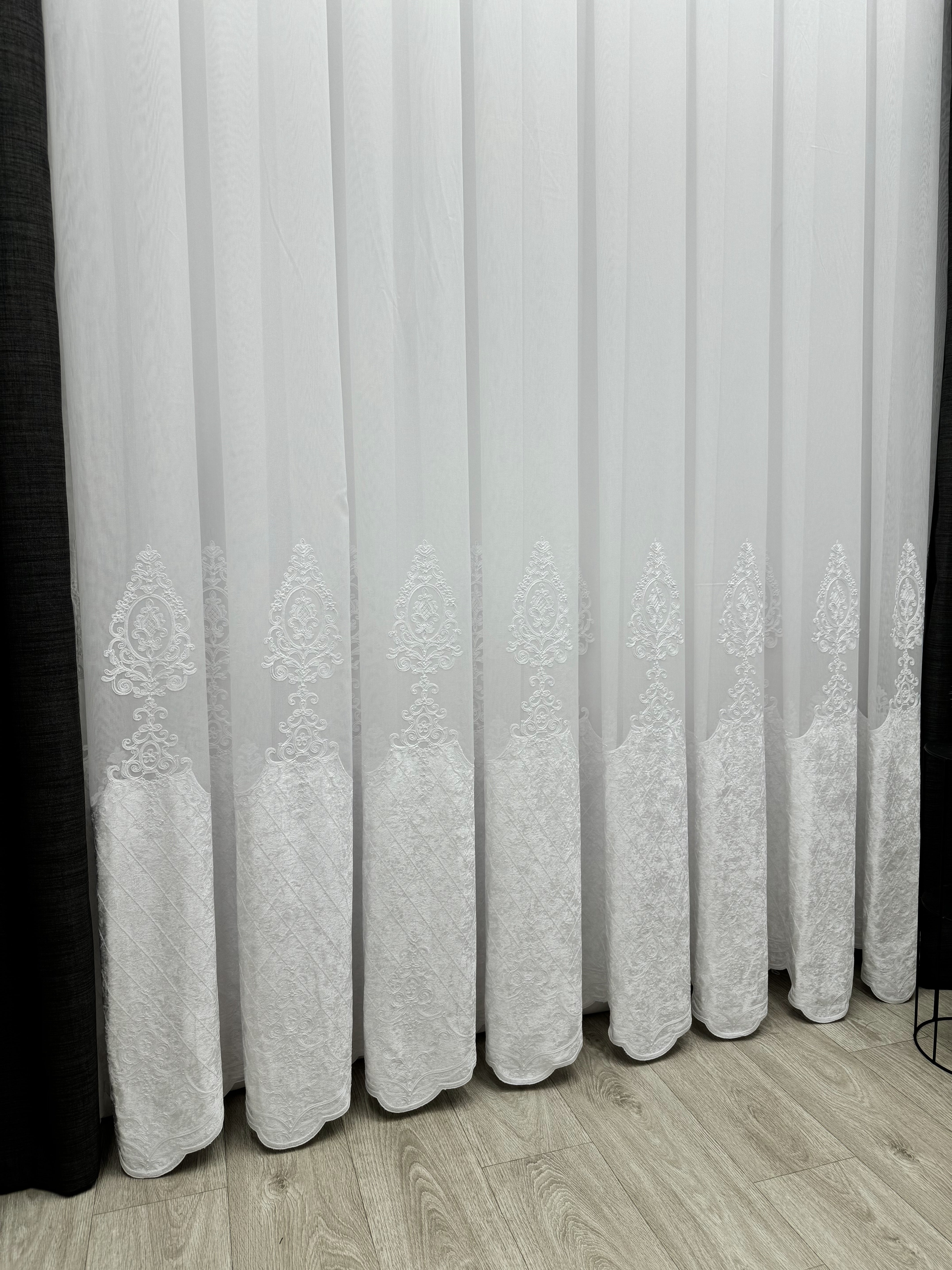 Sheer curtain with beautiful embroidery and velvet inserts, white color