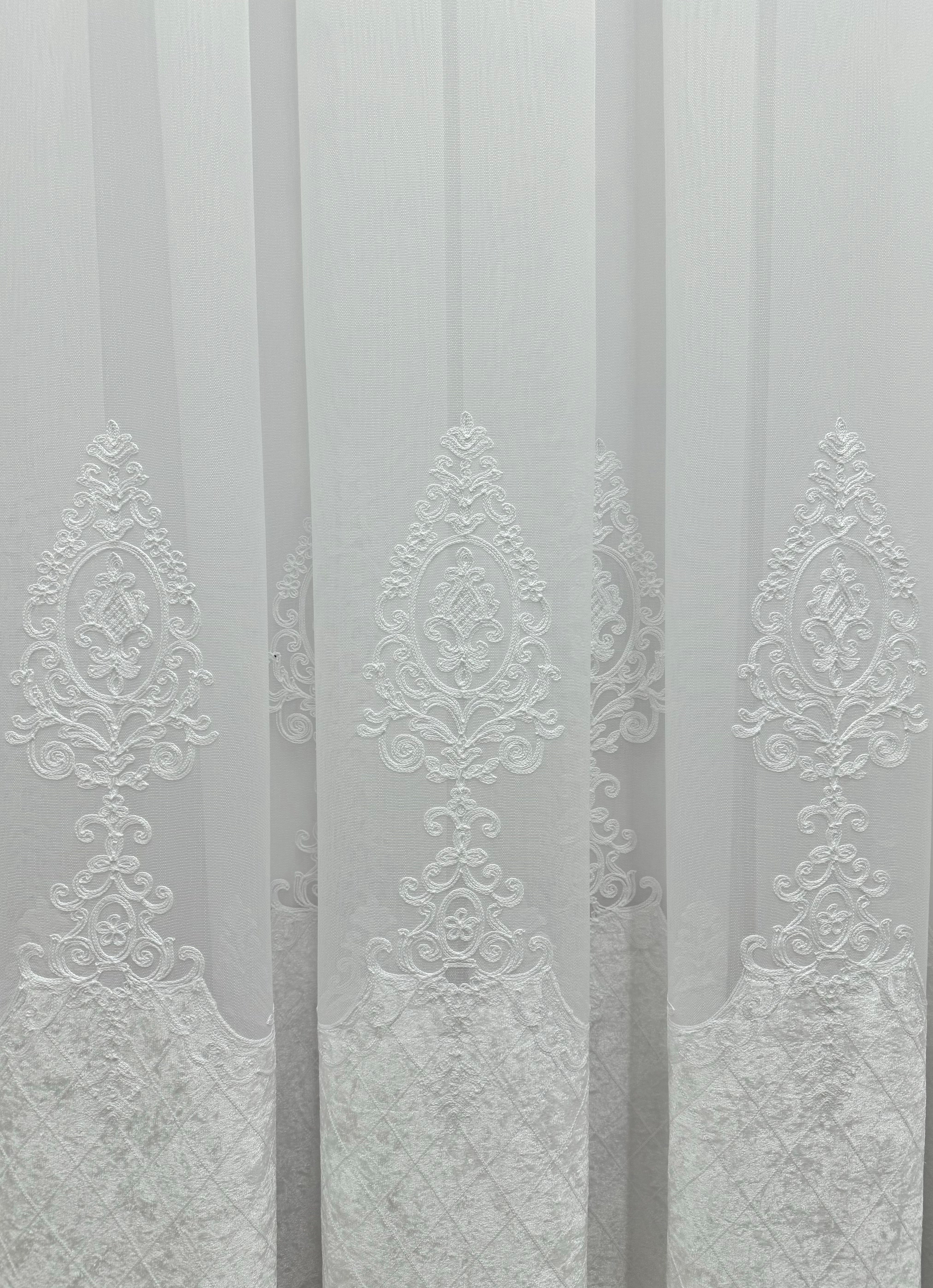 Sheer curtain with beautiful embroidery and velvet inserts, white color