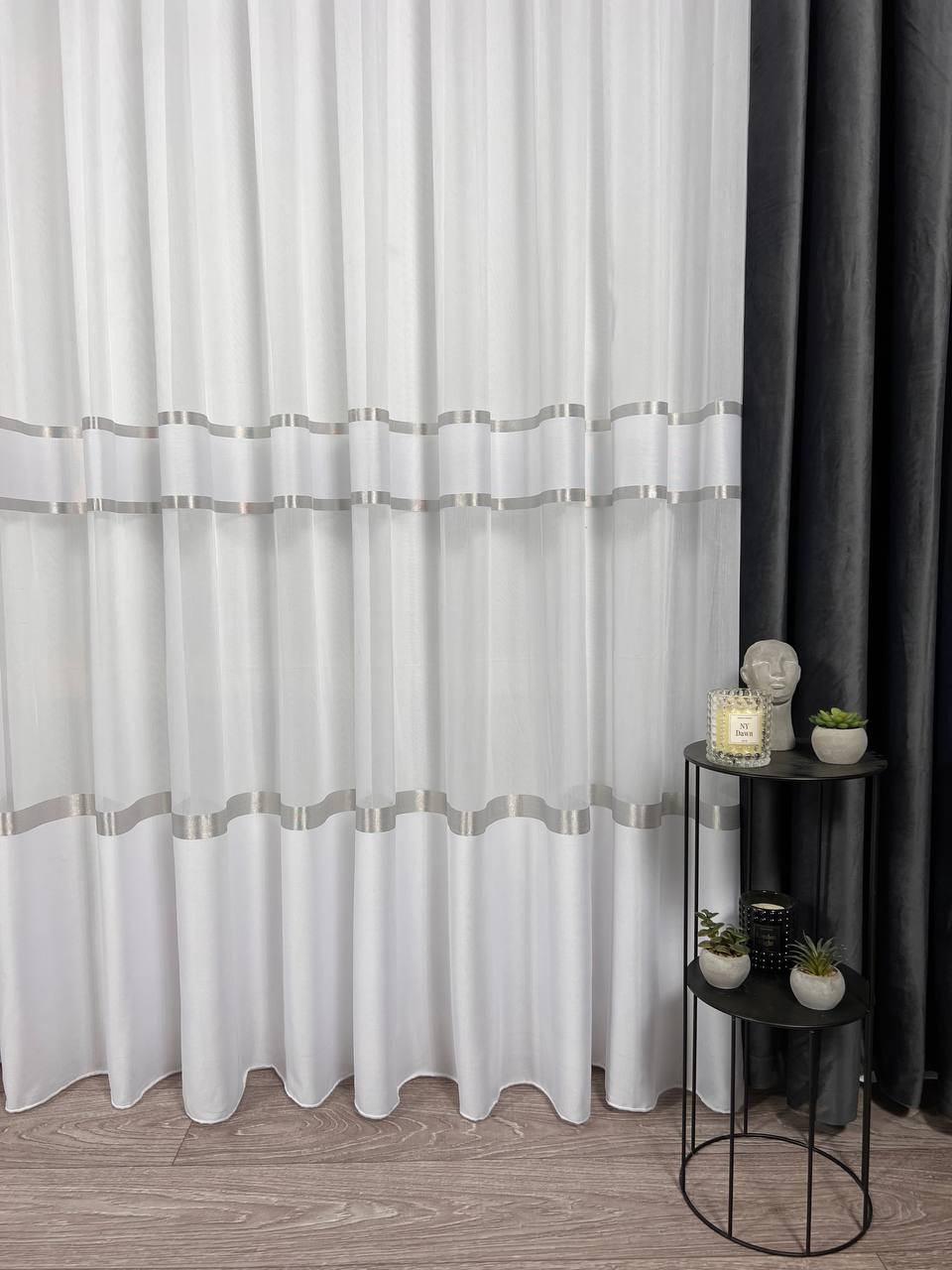 Sheer curtain with stripes and satin inserts, gray color