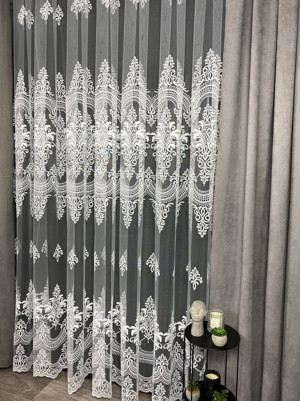 Sheer curtain with beautiful embroidery, white color