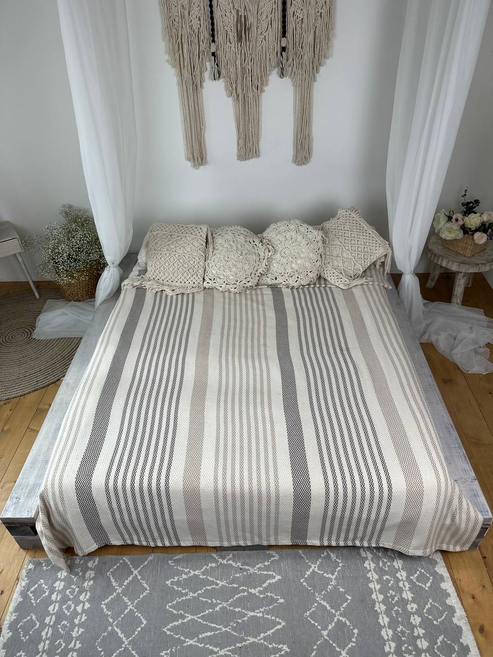 Plaid bedspread “Line”, 100% cotton, beige color